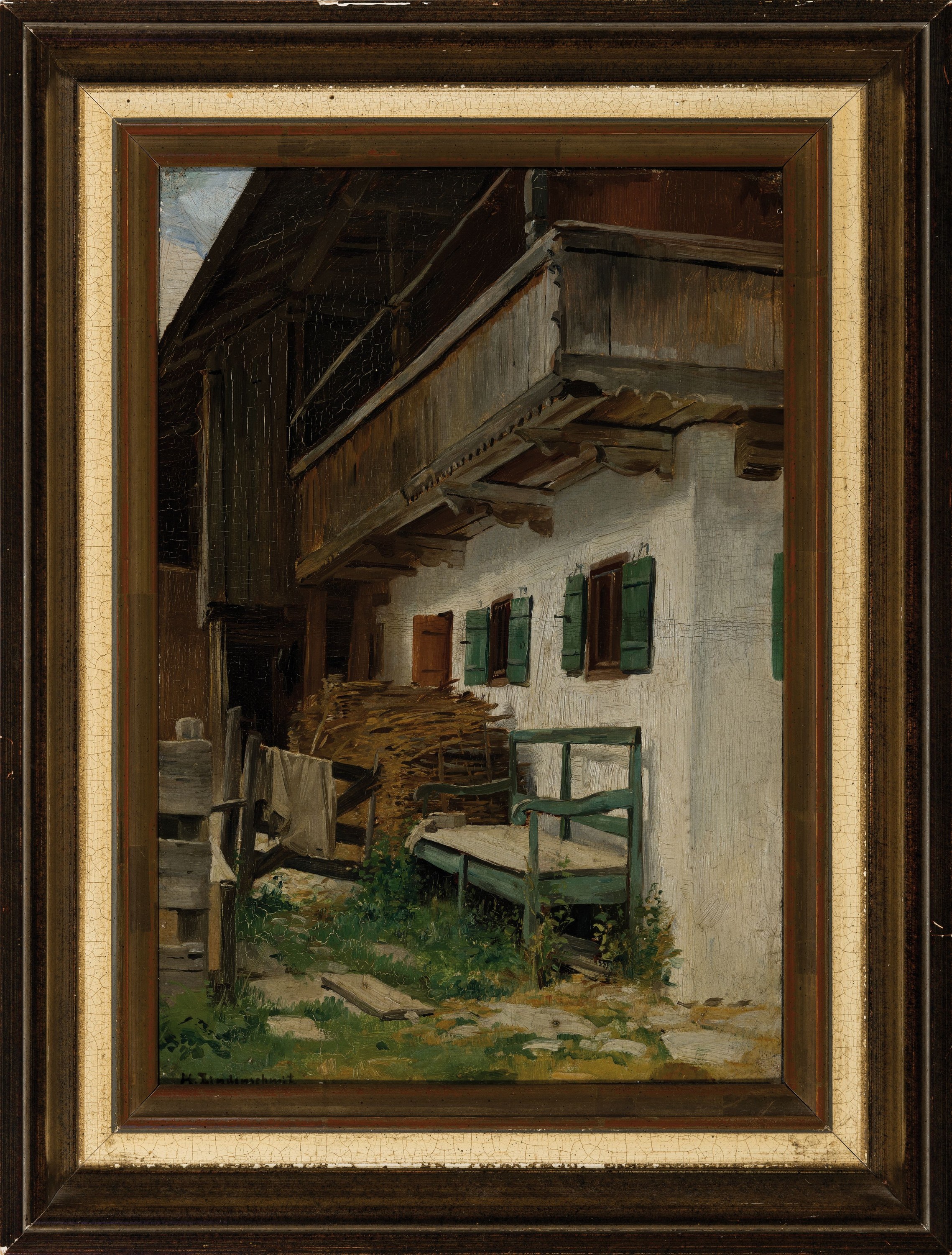 Detail k: Prof. Hermann Lindenschmit, 1857 Frankfurt/Main-1939 München, oberbayrisches Bauernhaus, 1890er-Jahre, Öl/Karton, links unten signiert, 33x23 cm, ...