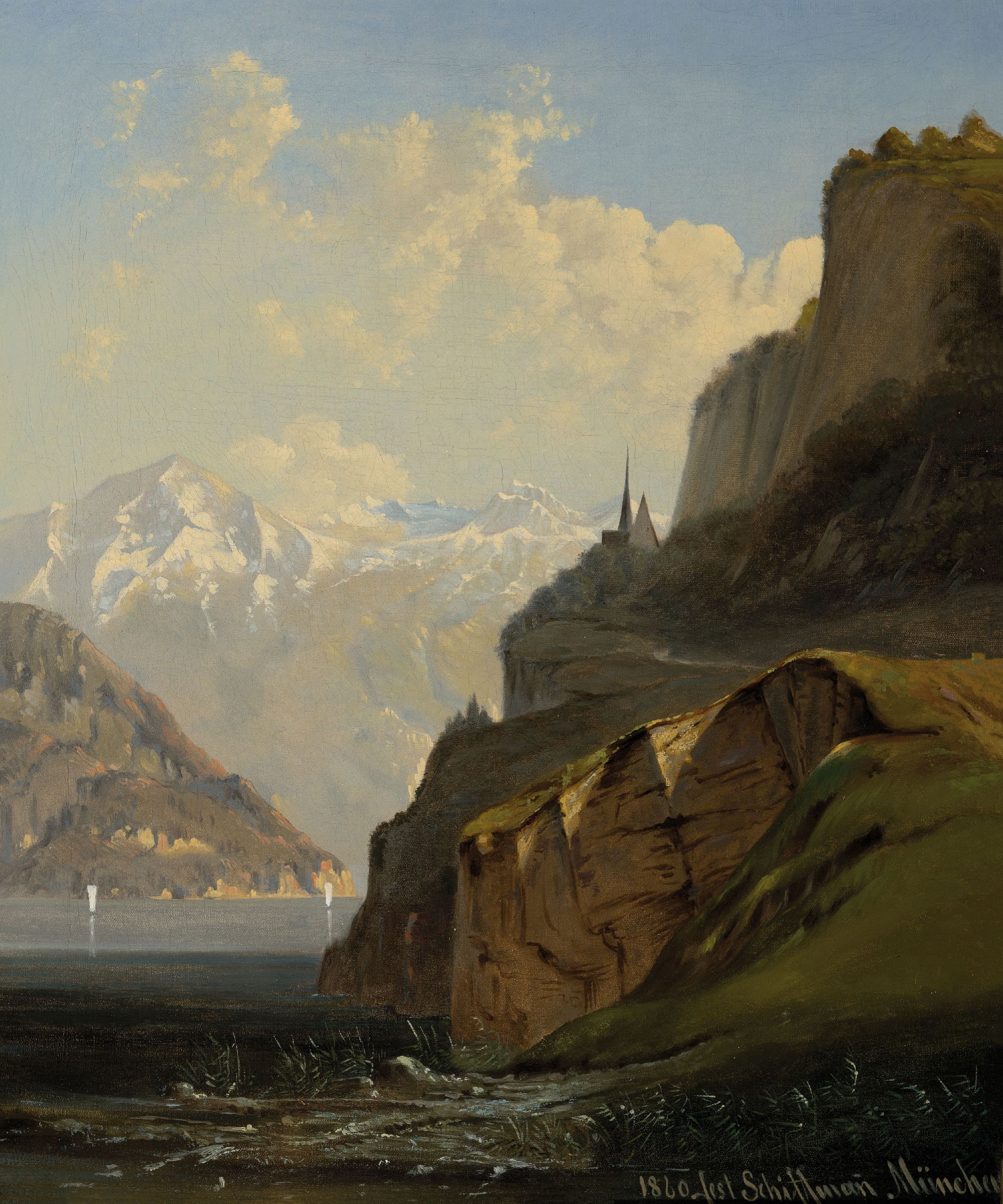 Jost Schiffmann, 1822 Luzern-1883 München, Partie am Vierwaldstättersee, Öl/Lwd, signiertund datiert 1860, Rahmen 60x50 cm