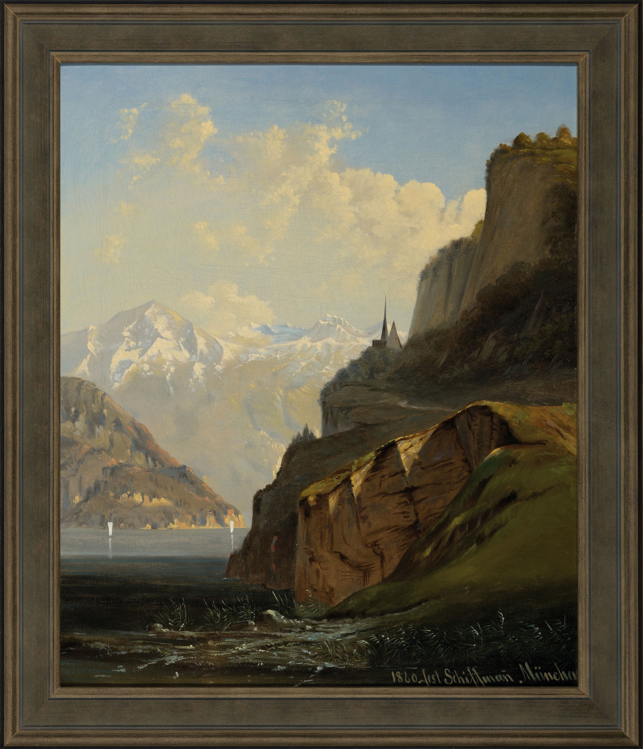 Detail k: Jost Schiffmann, 1822 Luzern-1883 München, Partie am Vierwaldstättersee, Öl/Lwd, signiertund datiert 1860, Rahmen 60x50 cm