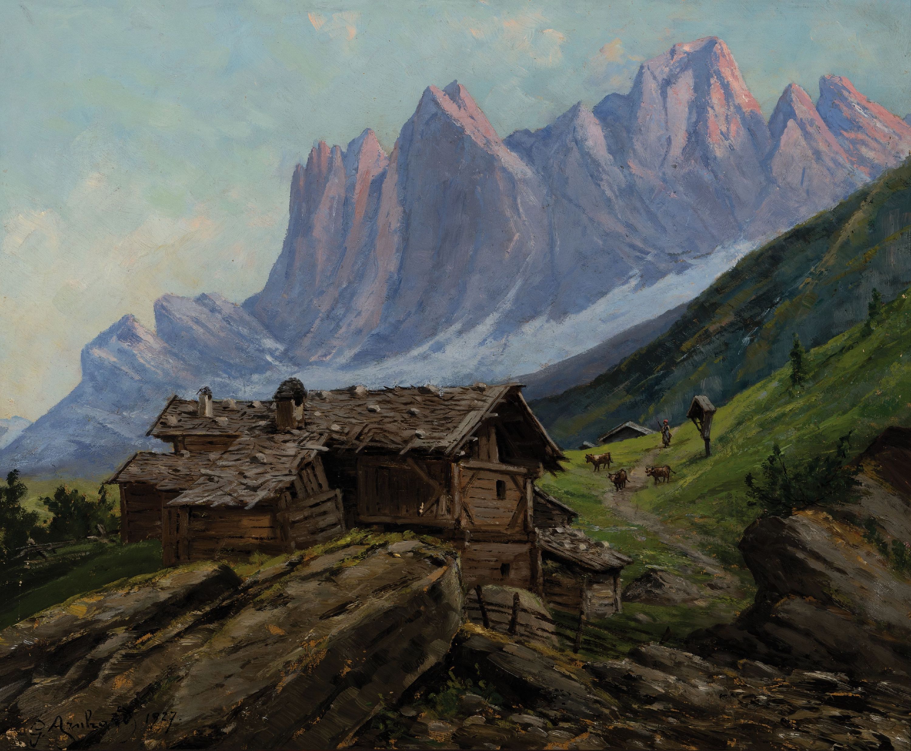 Gabriele Arnhard-Deininger, 1855 München -1945 Rum/Innsbruck, Studium an der Kgl. Kunstschule München, Alpenglühen, Berghof vor Alpenpanorama, ...