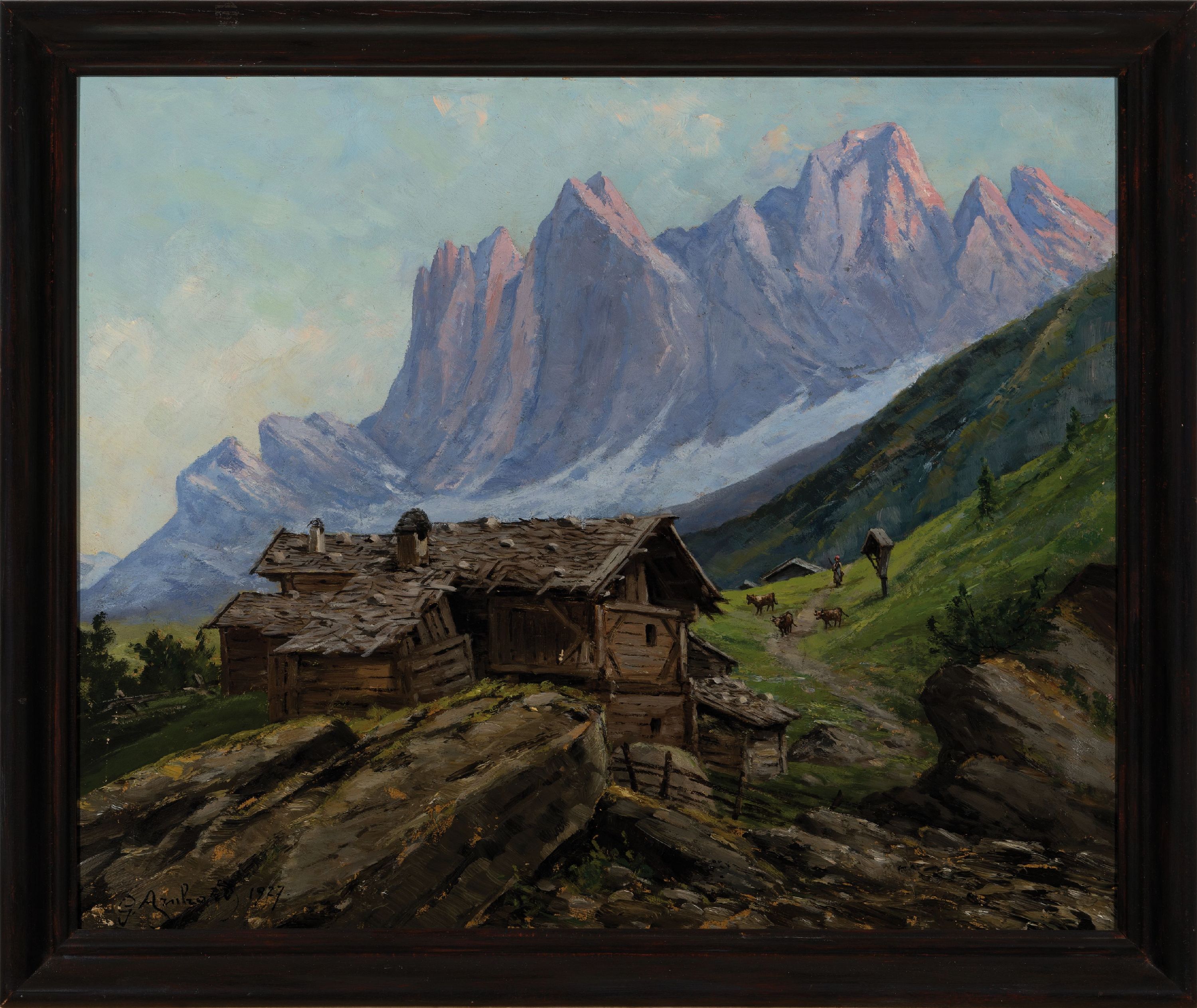 Detail k: Gabriele Arnhard-Deininger, 1855 München -1945 Rum/Innsbruck, Studium an der Kgl. Kunstschule München, Alpenglühen, Berghof vor Alpenpanorama, ...