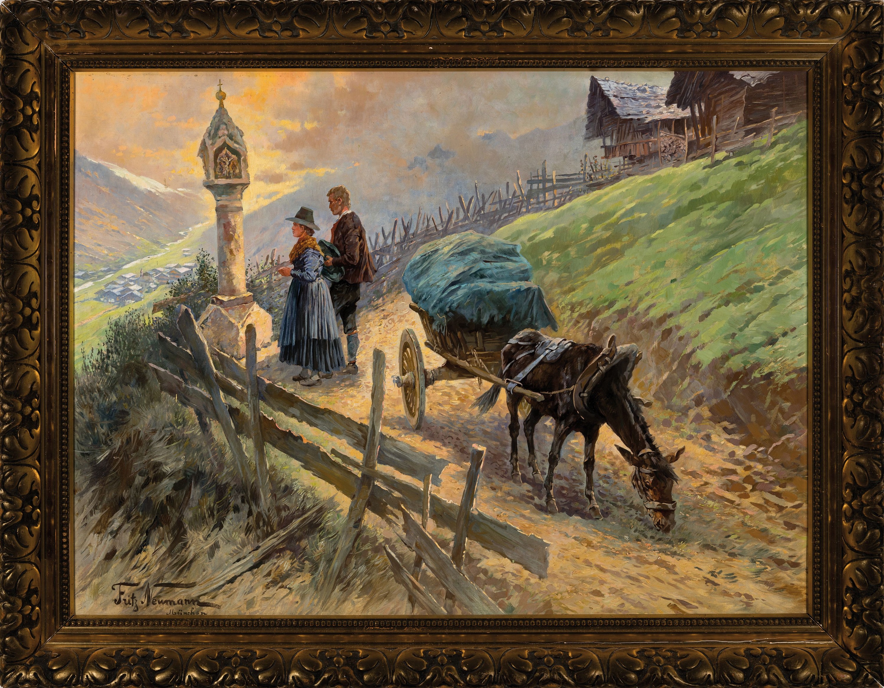 Detail k: Fritz Neumann, 1881 Alt Warthau -1919 Oldenburg , Paar in stiller Andacht am Materl, hintergründiger Blick ins Tal, links unten signiert, Öl/Lwd, ...