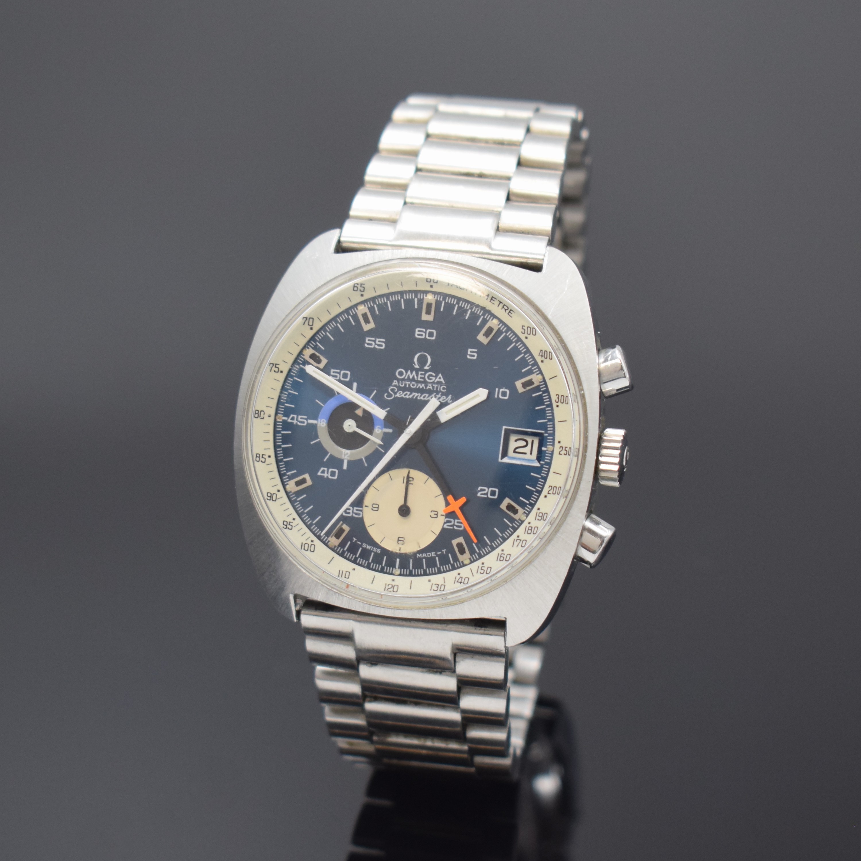 OMEGA Seamaster Armbandchronograph Referenz 176.007, Schweiz 1973, Automatik, Edelstahlgeh. inkl. orig. Gliederband Ref. 1162 mit Faltschl., verschr. ...