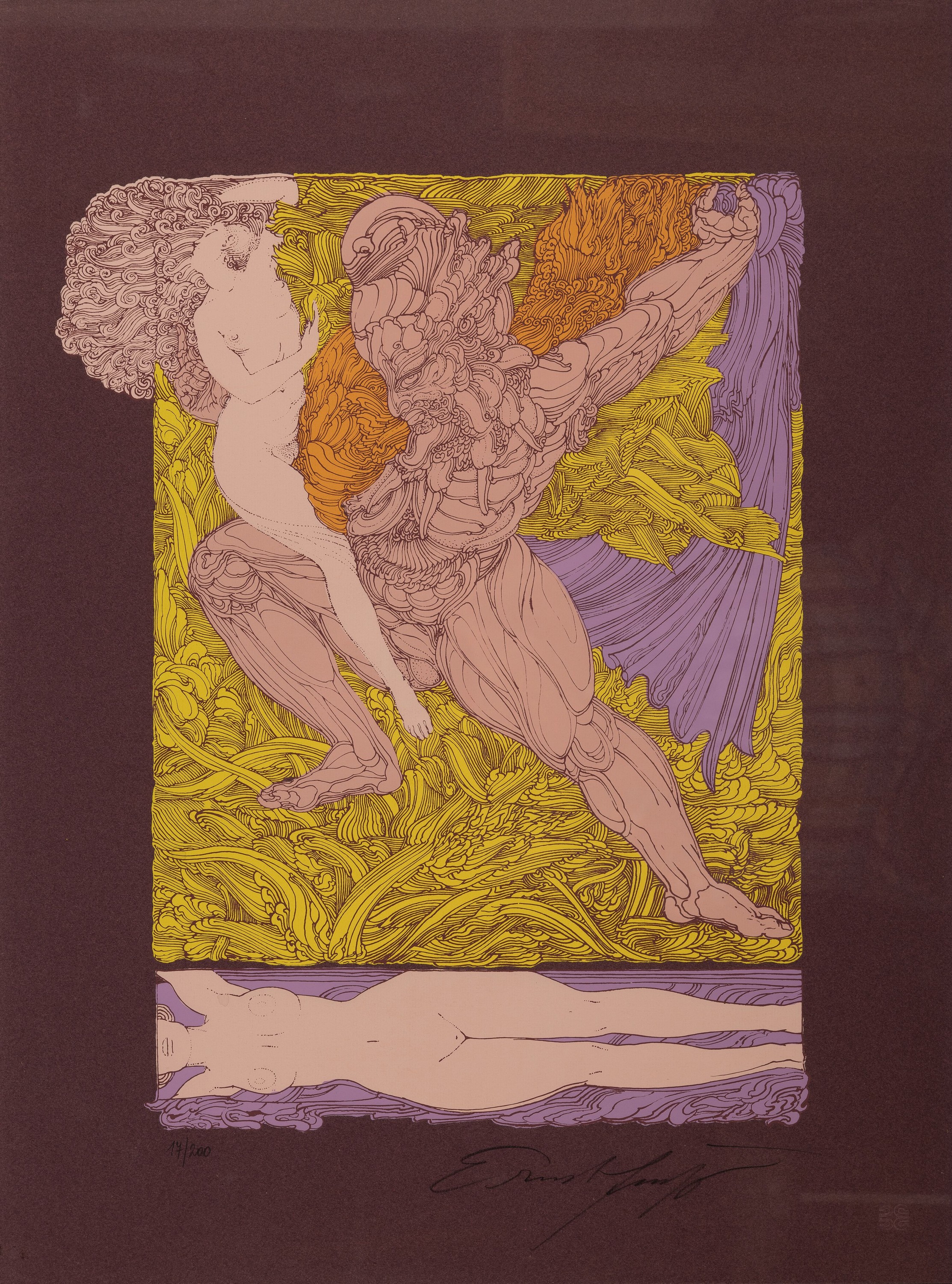Ernst Fuchs, 1930-2015 Wien, Farblithographie, "Samson und Delilah, Ed. 17/200, handsigniert, Rahmen 71x51 cm
