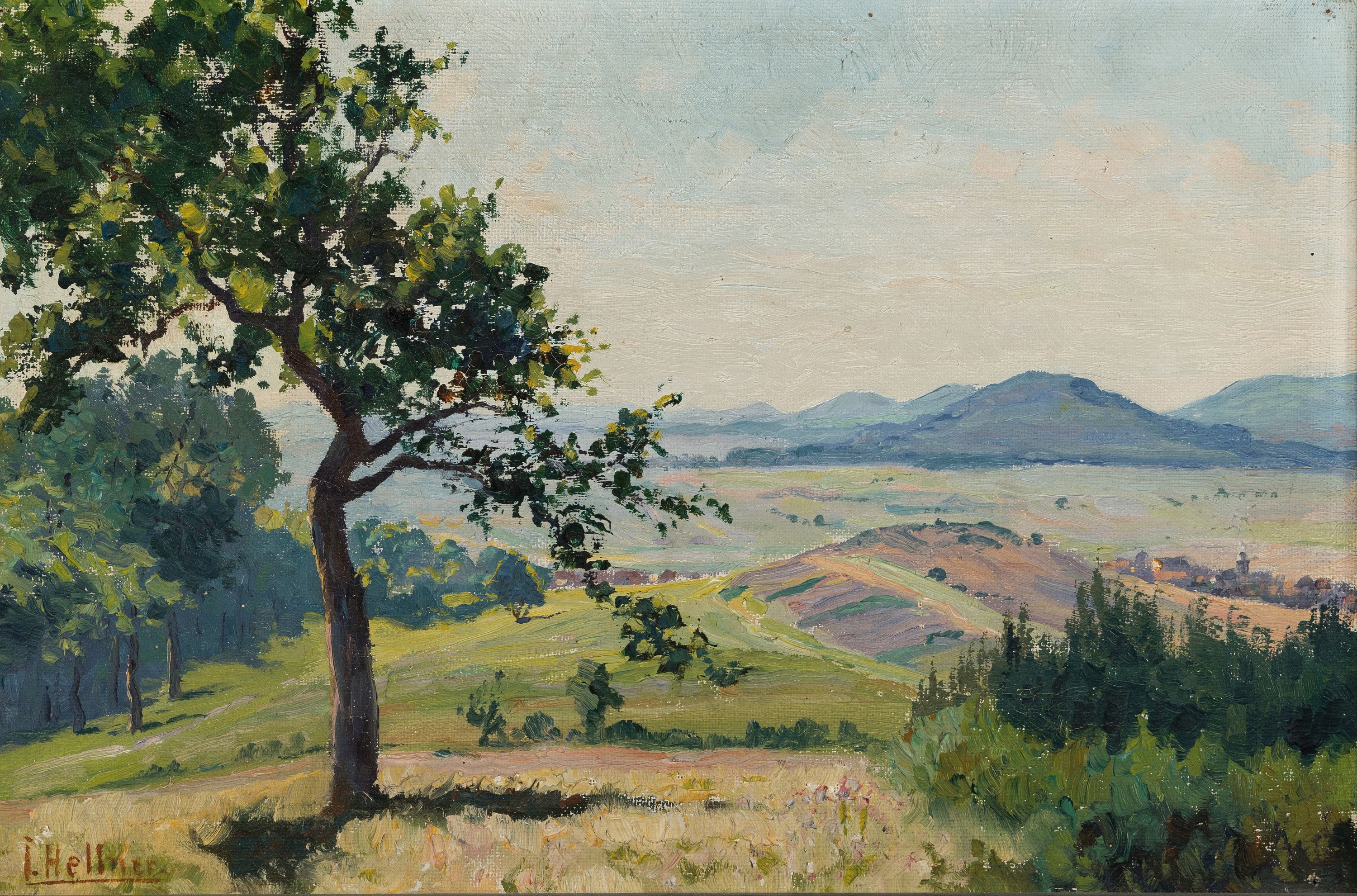Julius Hellner, 1877 Wiesbaden-1942, süddeutsche Sommerlandschaft, Blick in ein Tal, links unten signiert, Öl/Lwd, verso unleserlich bezeichnet, ...