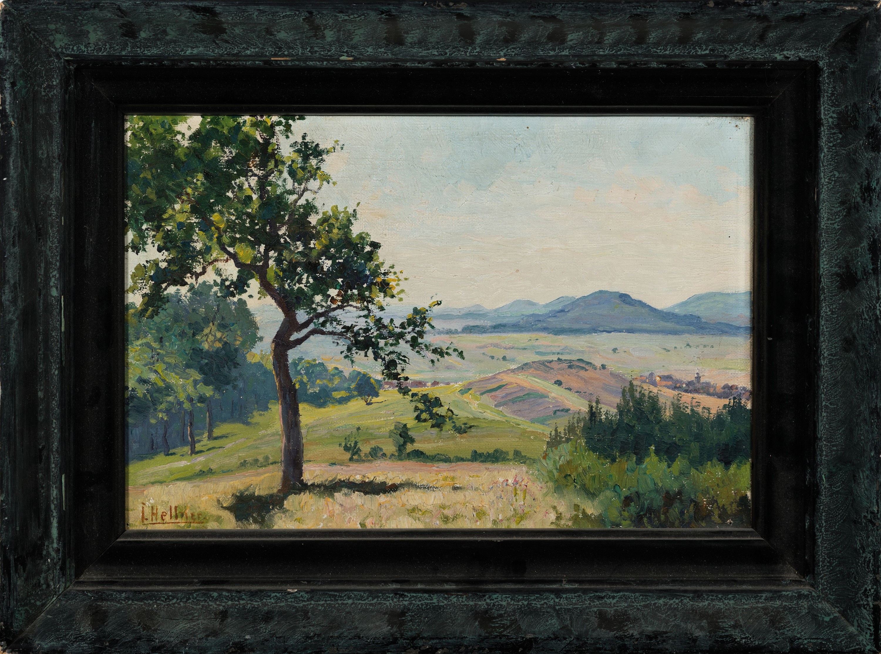 Detail k: Julius Hellner, 1877 Wiesbaden-1942, süddeutsche Sommerlandschaft, Blick in ein Tal, links unten signiert, Öl/Lwd, verso unleserlich bezeichnet, ...