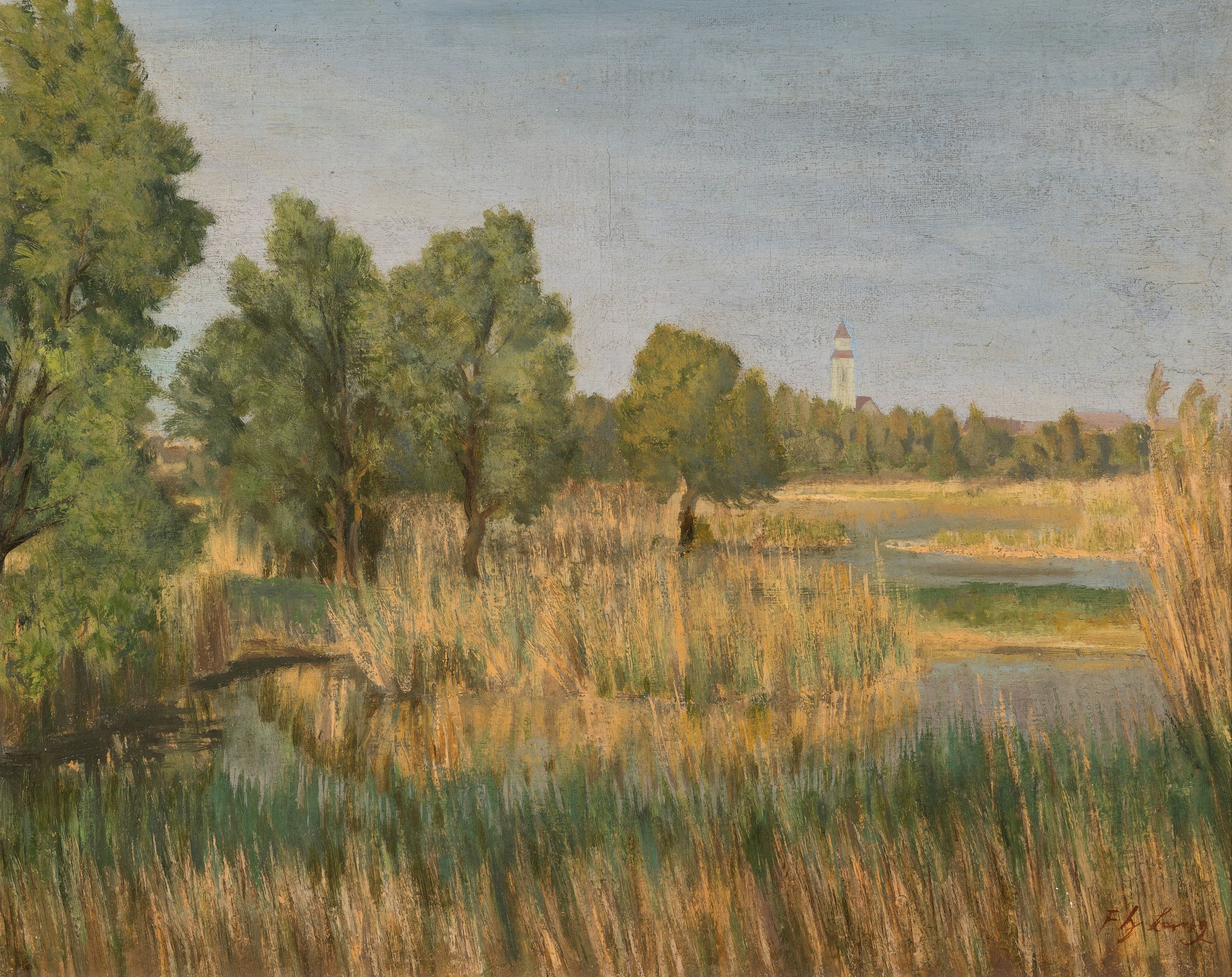 Fritz Heinrich Lang, Karlsruher Künstler des frühen 20.Jh., "Frühlingslandschaft am Altrhein", Öl/Lwd, rechts unten signiert, verso ...
