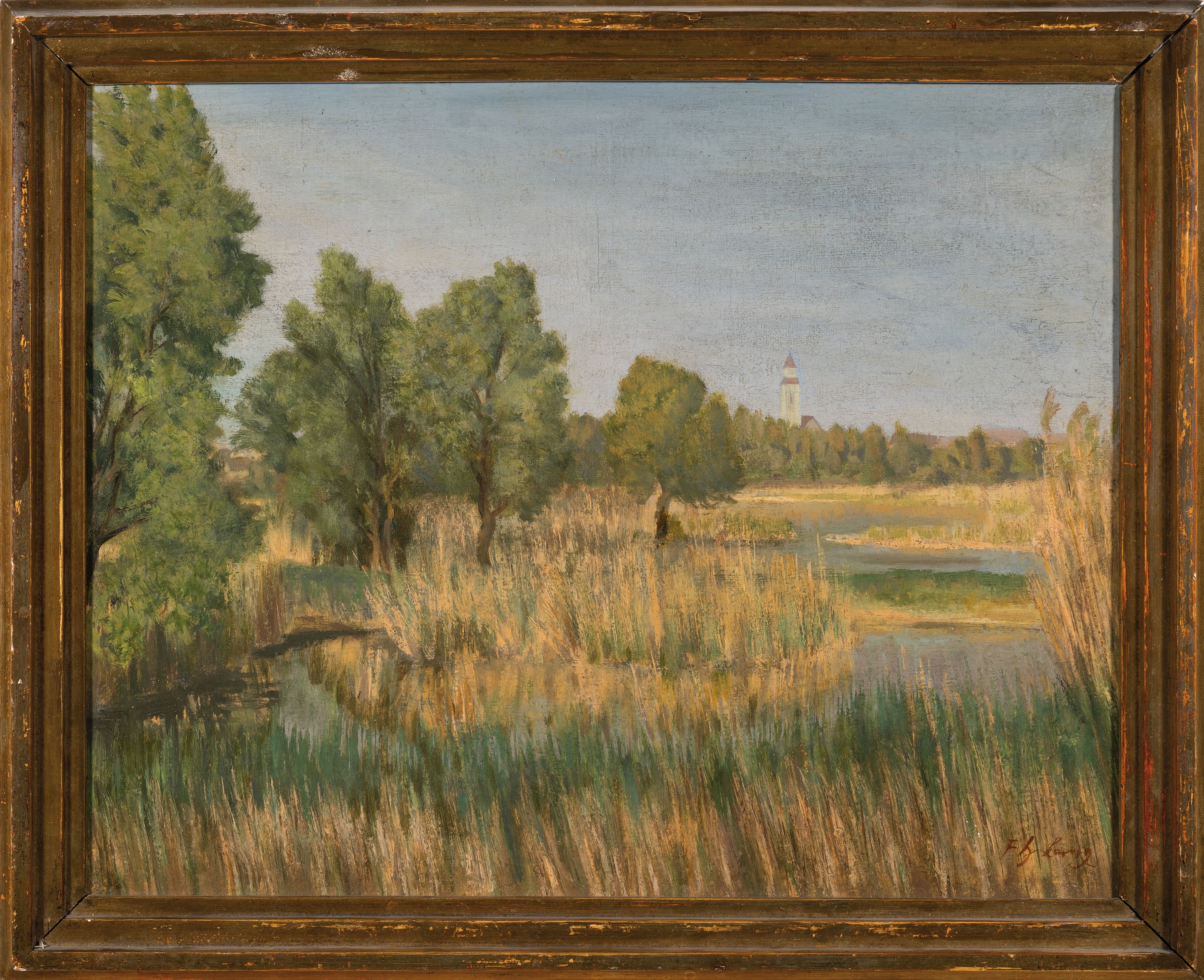 Detail k: Fritz Heinrich Lang, Karlsruher Künstler des frühen 20.Jh., "Frühlingslandschaft am Altrhein", Öl/Lwd, rechts unten signiert, verso ...