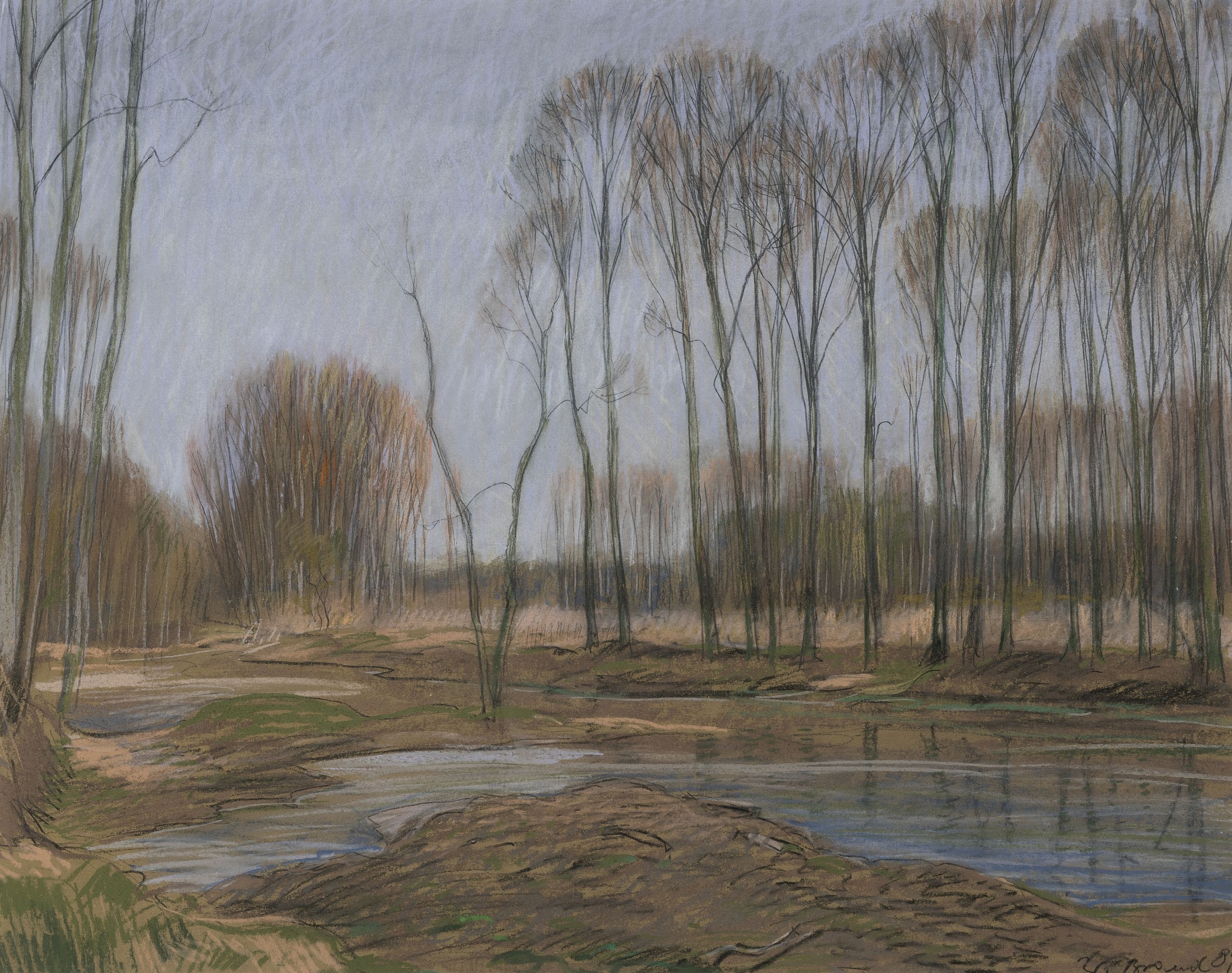 Werner Brand, 1933 Löbau-2021 Hochstadt, Altrheinlandschaft bei Speyer, 1989, signiert,Bleistift und Kreide auf Papier, unter Glas gerahmt 65x75 cm