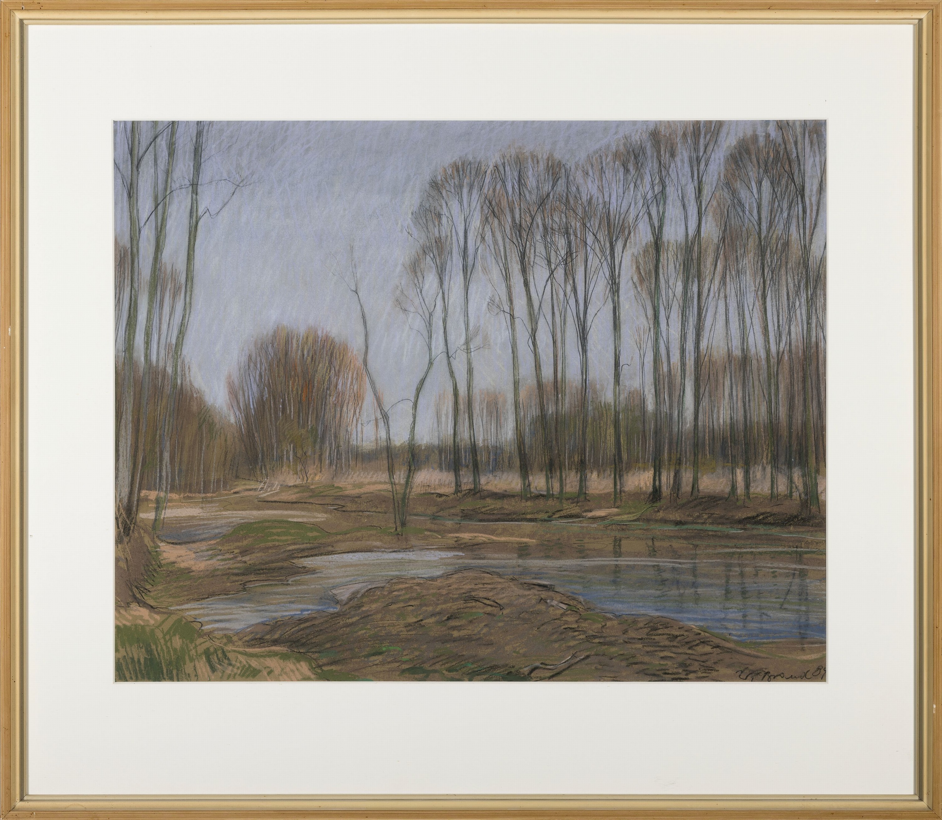 Detail k: Werner Brand, 1933 Löbau-2021 Hochstadt, Altrheinlandschaft bei Speyer, 1989, signiert,Bleistift und Kreide auf Papier, unter Glas gerahmt 65x75 cm