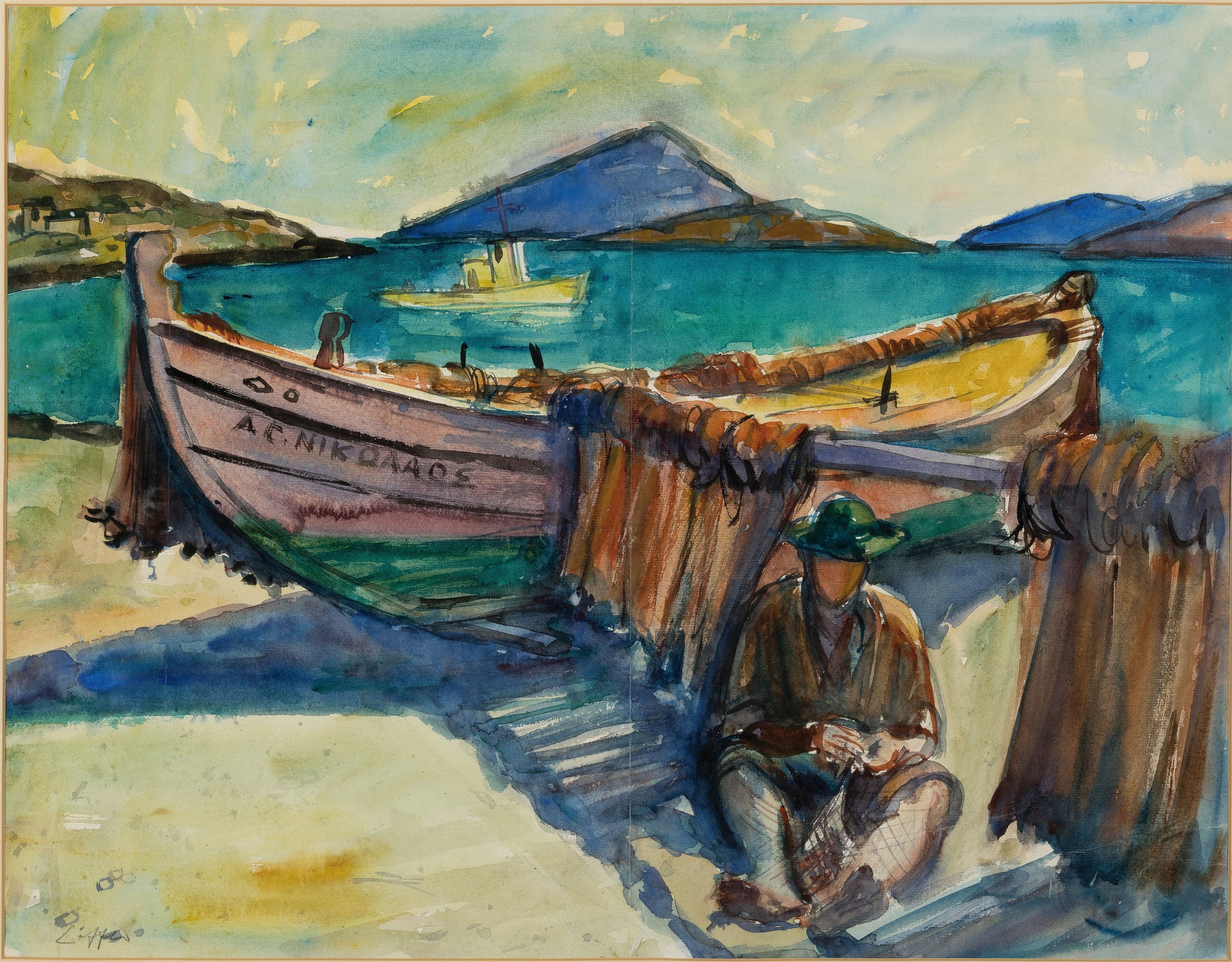 Paul Löffler, 1920 Mannheim-1995 Speyer, griechische Landschaft, Fischer an seinem Bootrastend, links unten signiert, Aquarell, unterGlas gerahmt ...
