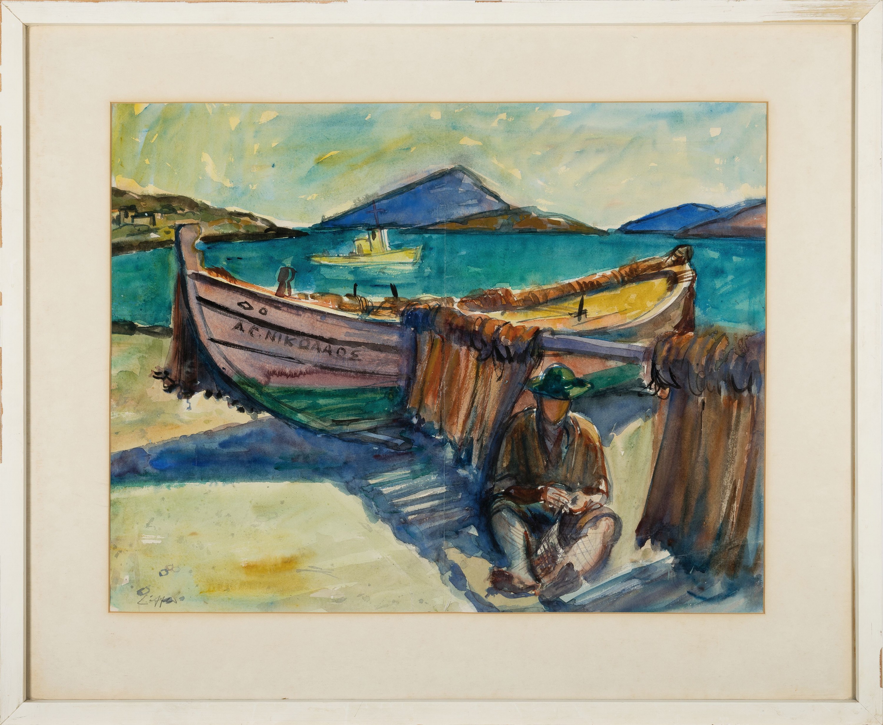 Detail k: Paul Löffler, 1920 Mannheim-1995 Speyer, griechische Landschaft, Fischer an seinem Bootrastend, links unten signiert, Aquarell, unterGlas gerahmt ...
