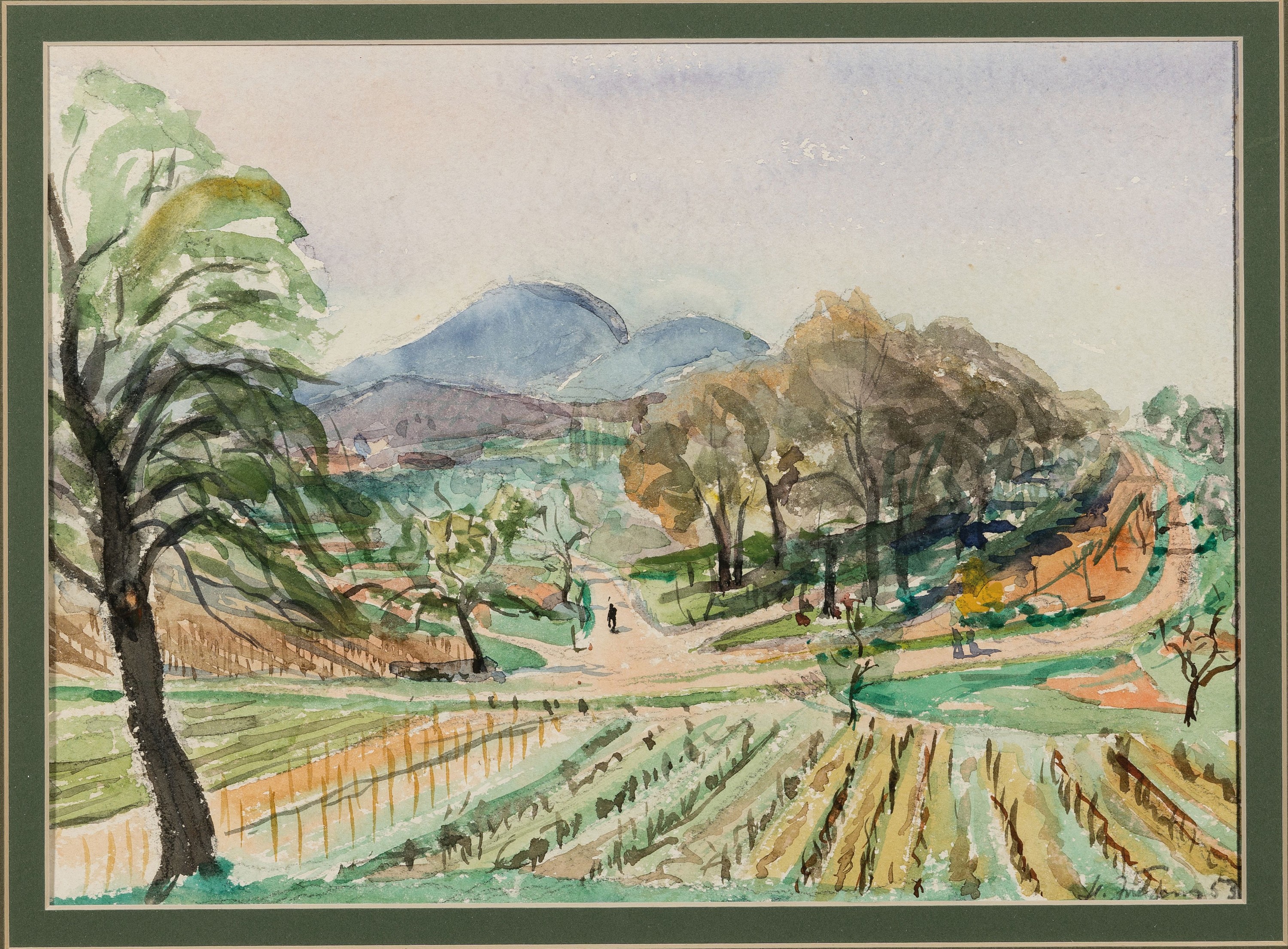 Hermann Jürgens, 1914 Heidelberg-1967 Godramstein, 2 Aquarelle, Parklandschaft undPfälzer Rebenlandschaft (1955), je signiert, unter Glas je 40x50 ...