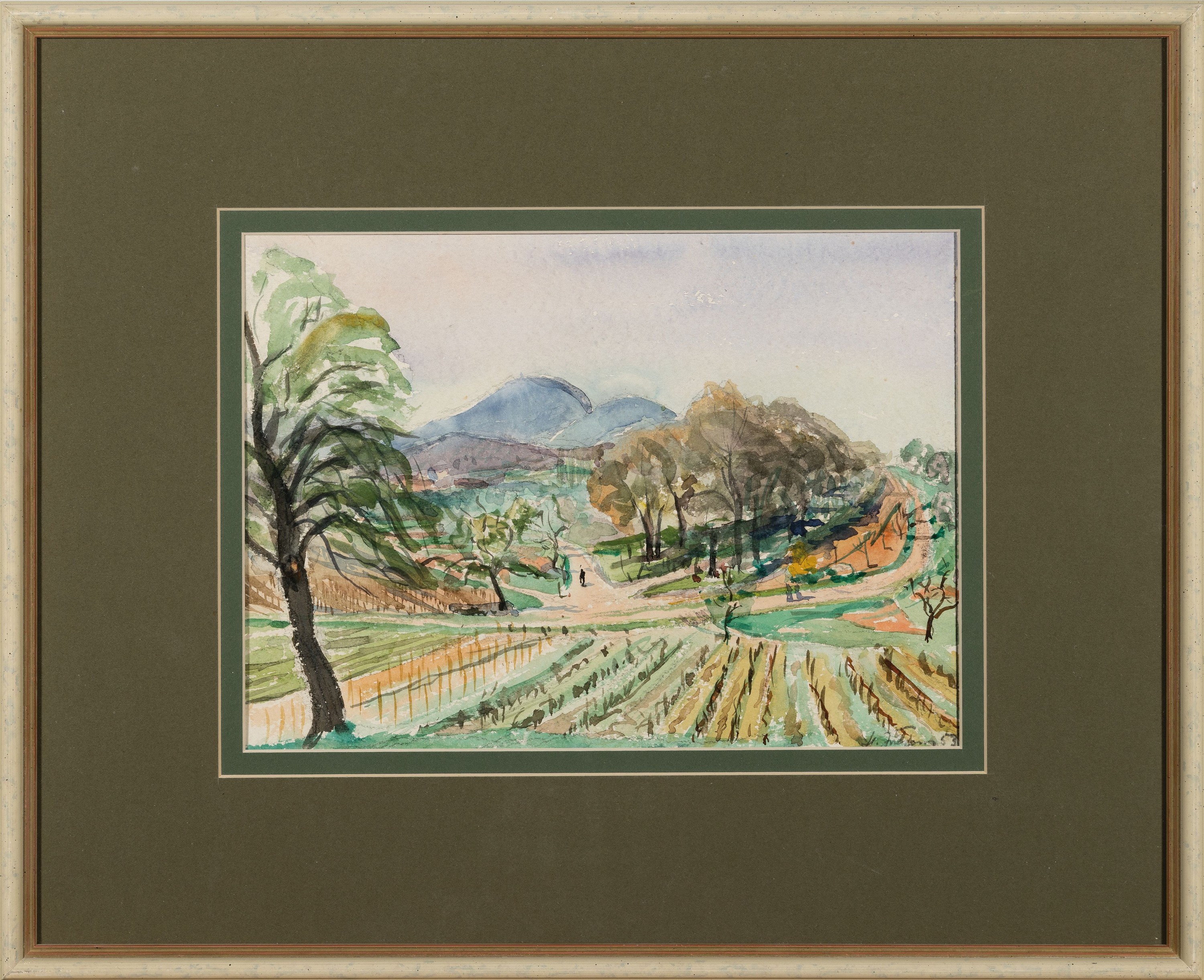 Detail k: Hermann Jürgens, 1914 Heidelberg-1967 Godramstein, 2 Aquarelle, Parklandschaft undPfälzer Rebenlandschaft (1955), je signiert, unter Glas je 40x50 ...