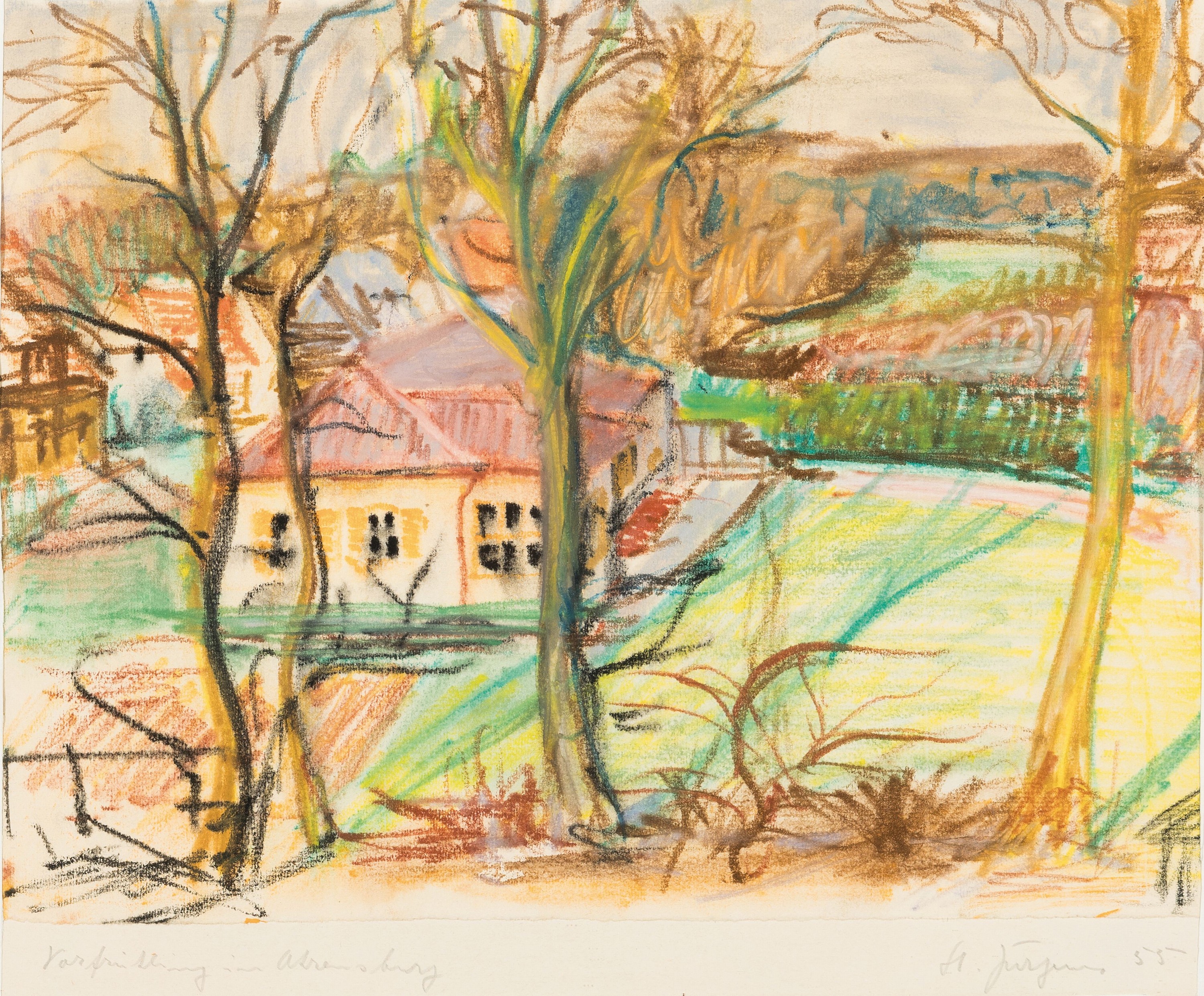 Hermann Jürgens, 1914 Heidelberg-1967 Godramstein, Kreidezeichnung, "Vormittag im Altenberg" signiert und datiert 1955, unter PPund Glas ...