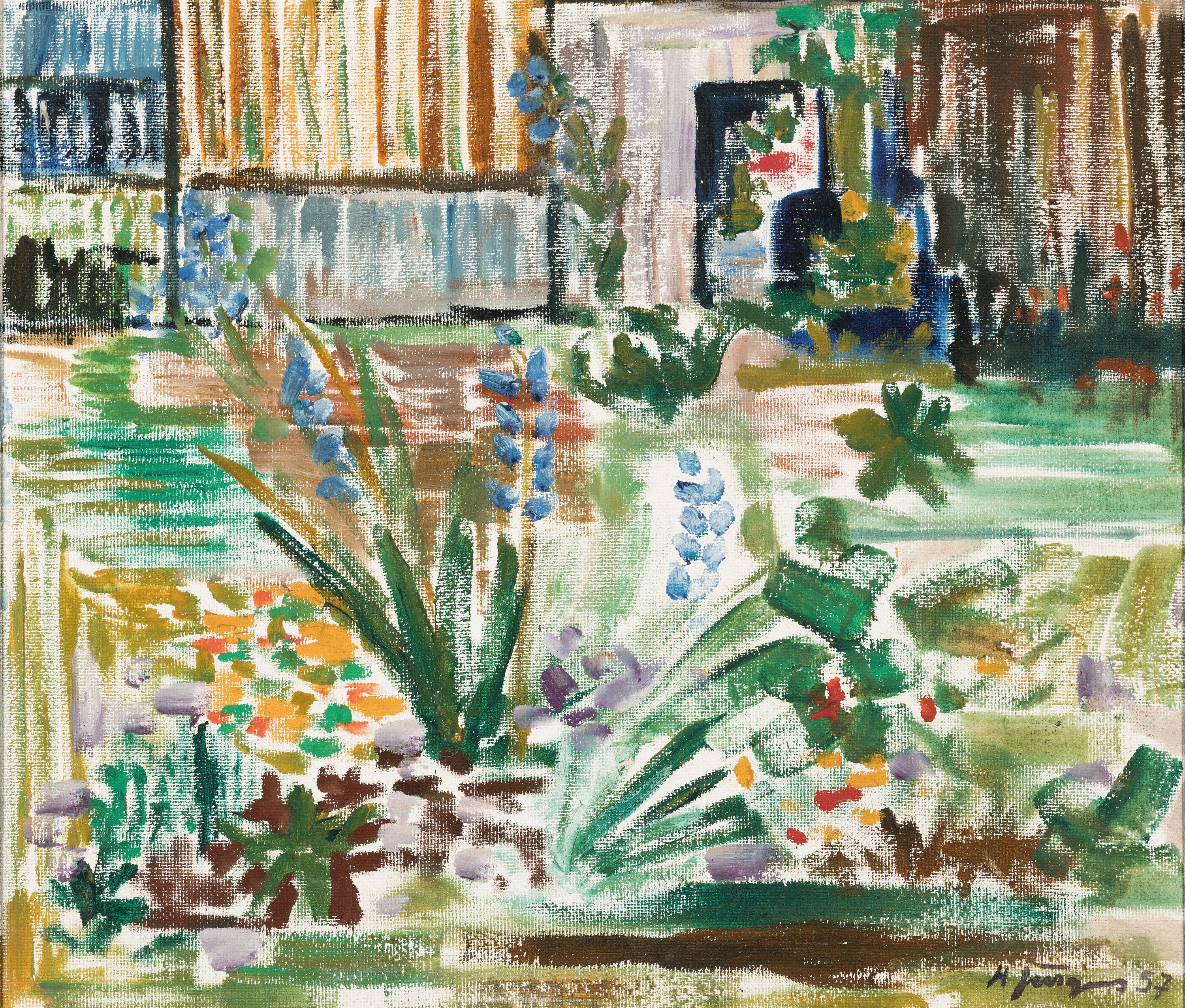 Hermann Jürgens, 1914 Heidelberg-1967 Godramstein, 1 Hinterglasbild "Nocturno", 1963, mittig gesprungen, unter Glas 52x63 cm; 1 Ölbild ...
