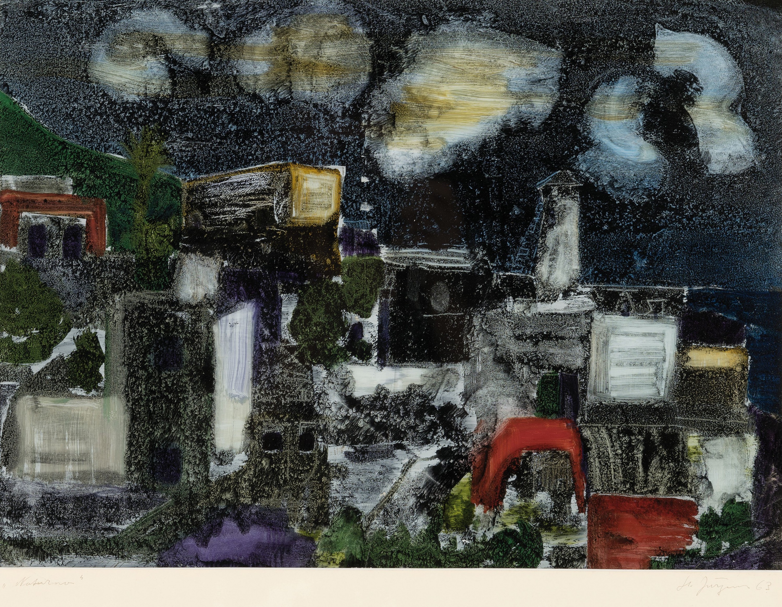 Detail a: Hermann Jürgens, 1914 Heidelberg-1967 Godramstein, 1 Hinterglasbild "Nocturno", 1963, mittig gesprungen, unter Glas 52x63 cm; 1 Ölbild ...