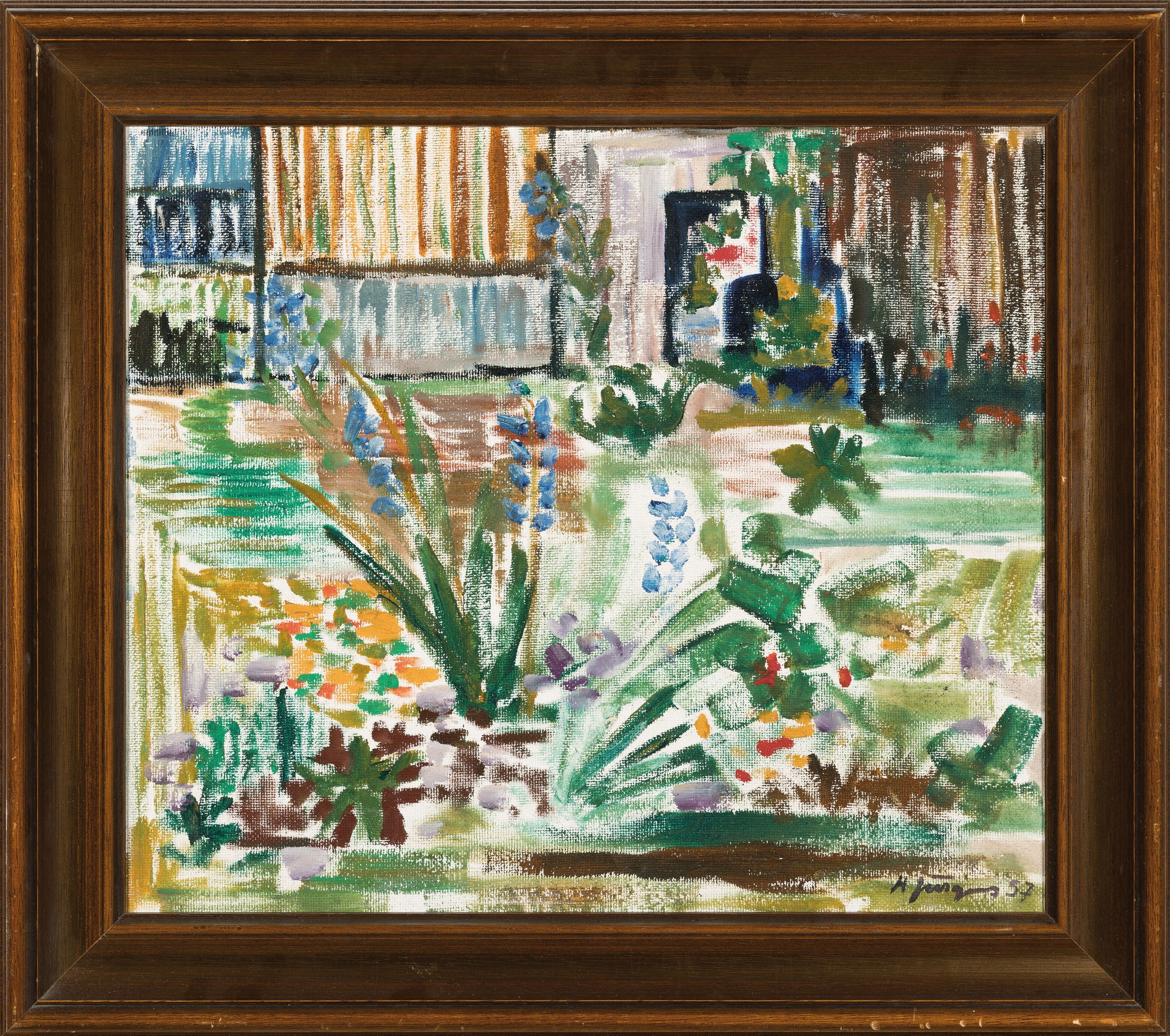 Detail k: Hermann Jürgens, 1914 Heidelberg-1967 Godramstein, 1 Hinterglasbild "Nocturno", 1963, mittig gesprungen, unter Glas 52x63 cm; 1 Ölbild ...