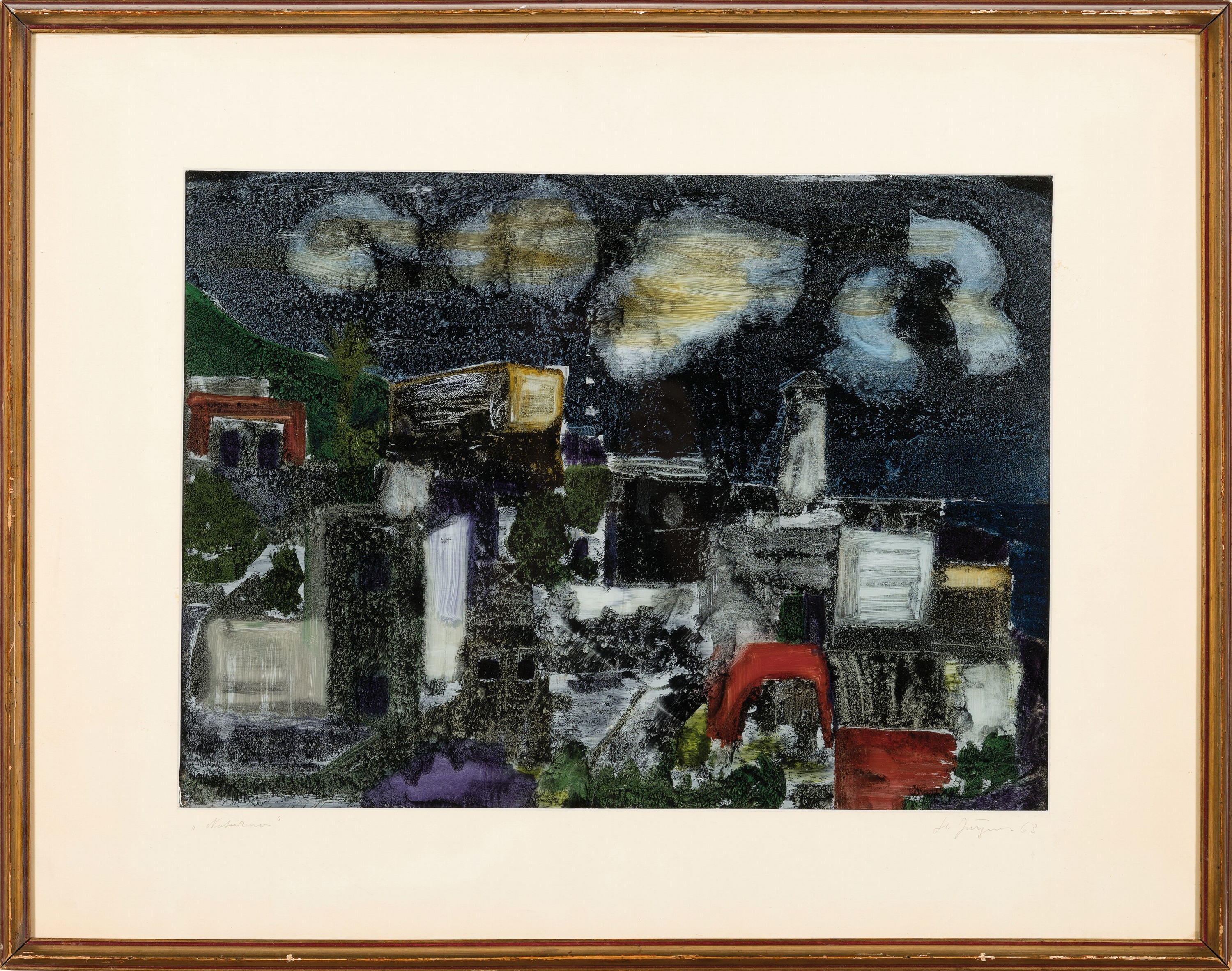 Detail l: Hermann Jürgens, 1914 Heidelberg-1967 Godramstein, 1 Hinterglasbild "Nocturno", 1963, mittig gesprungen, unter Glas 52x63 cm; 1 Ölbild ...