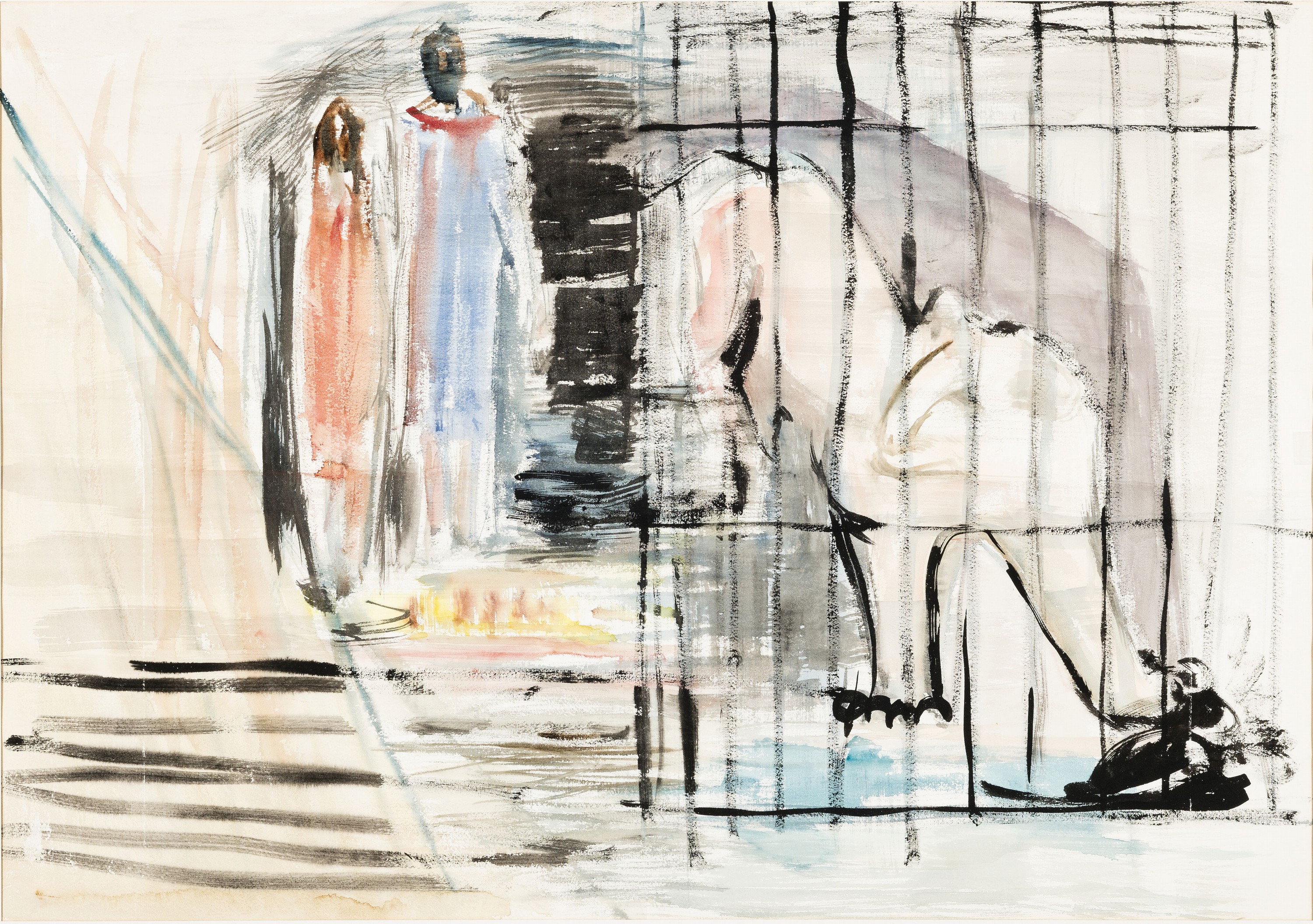 Hermann Jürgens, 1914 Heidelberg-1967 Godramstein, Aquarell, Tiger im Käfig, versoNachlaßstempel, unter PP gerahmt, 70x100 cm