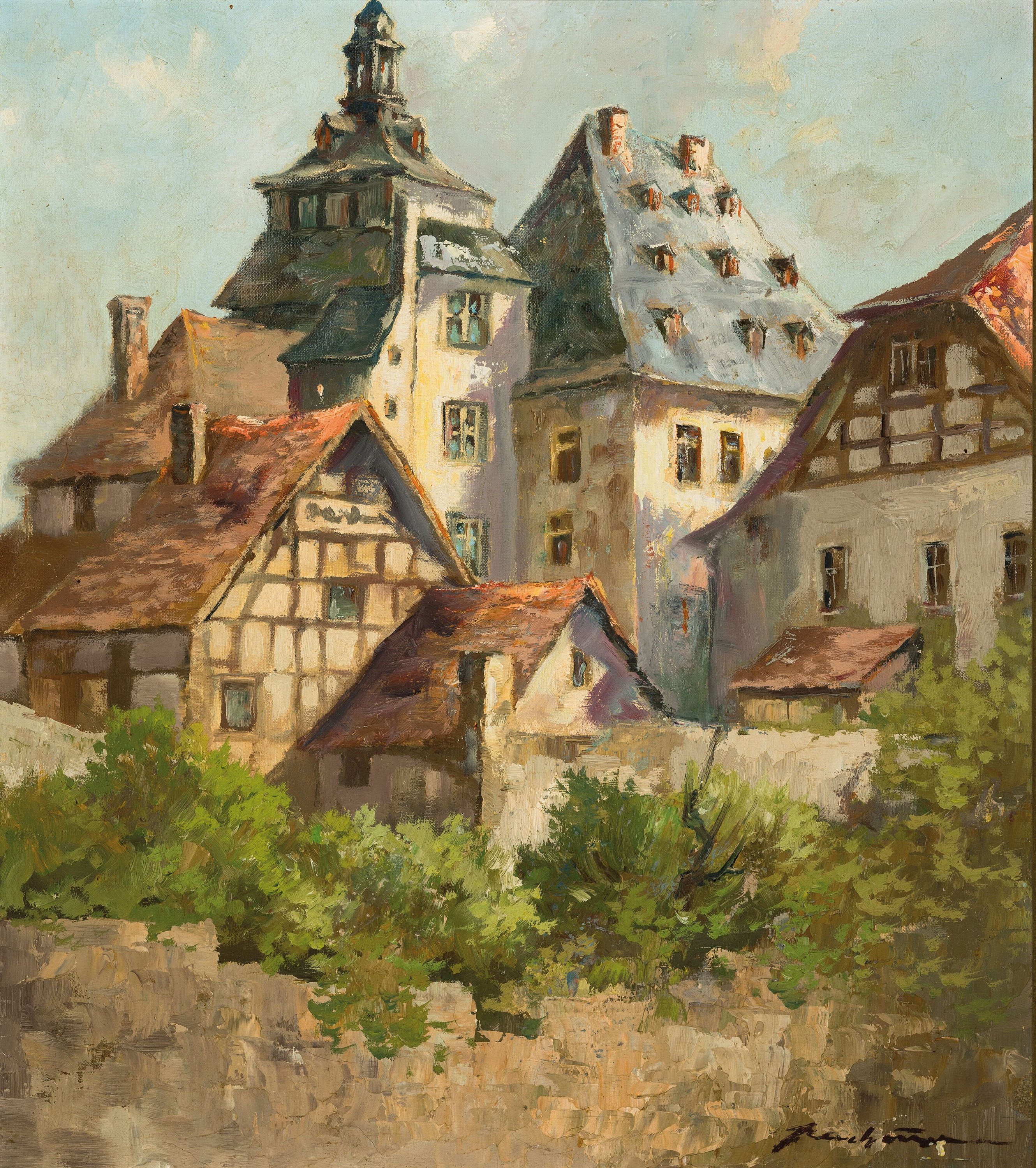 Unleserlich Signiert, Künstler Mitte, 20. Jh., Ansicht vermutlich, Weilburg, Öl/Lwd, re. u. signiert, ca. 68 x 60 cm, 80 x 71 cm, Rahmen