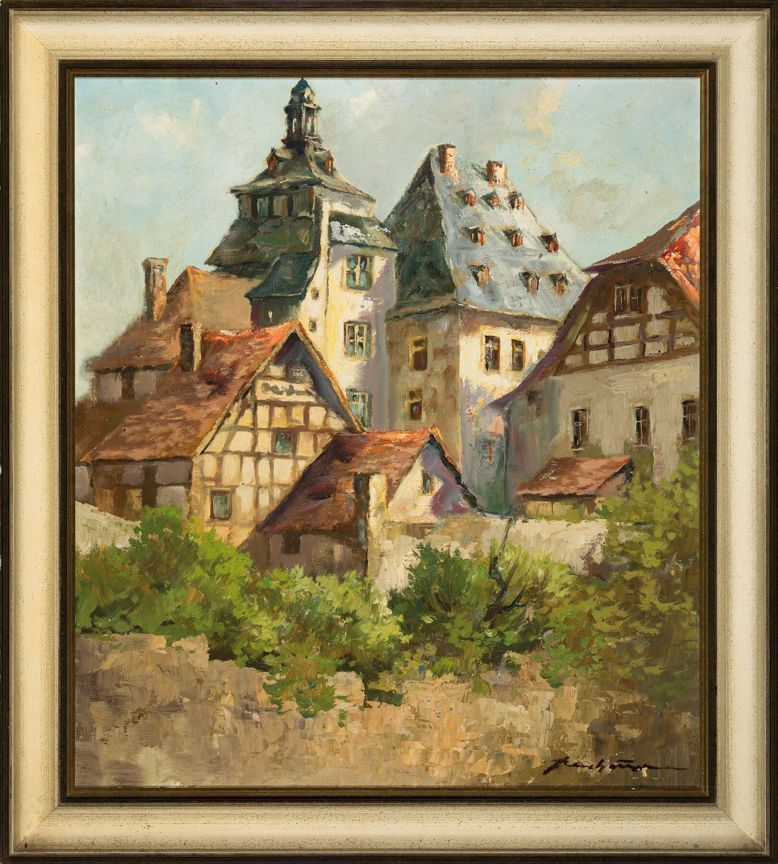 Detail k: Unleserlich Signiert, Künstler Mitte, 20. Jh., Ansicht vermutlich, Weilburg, Öl/Lwd, re. u. signiert, ca. 68 x 60 cm, 80 x 71 cm, Rahmen