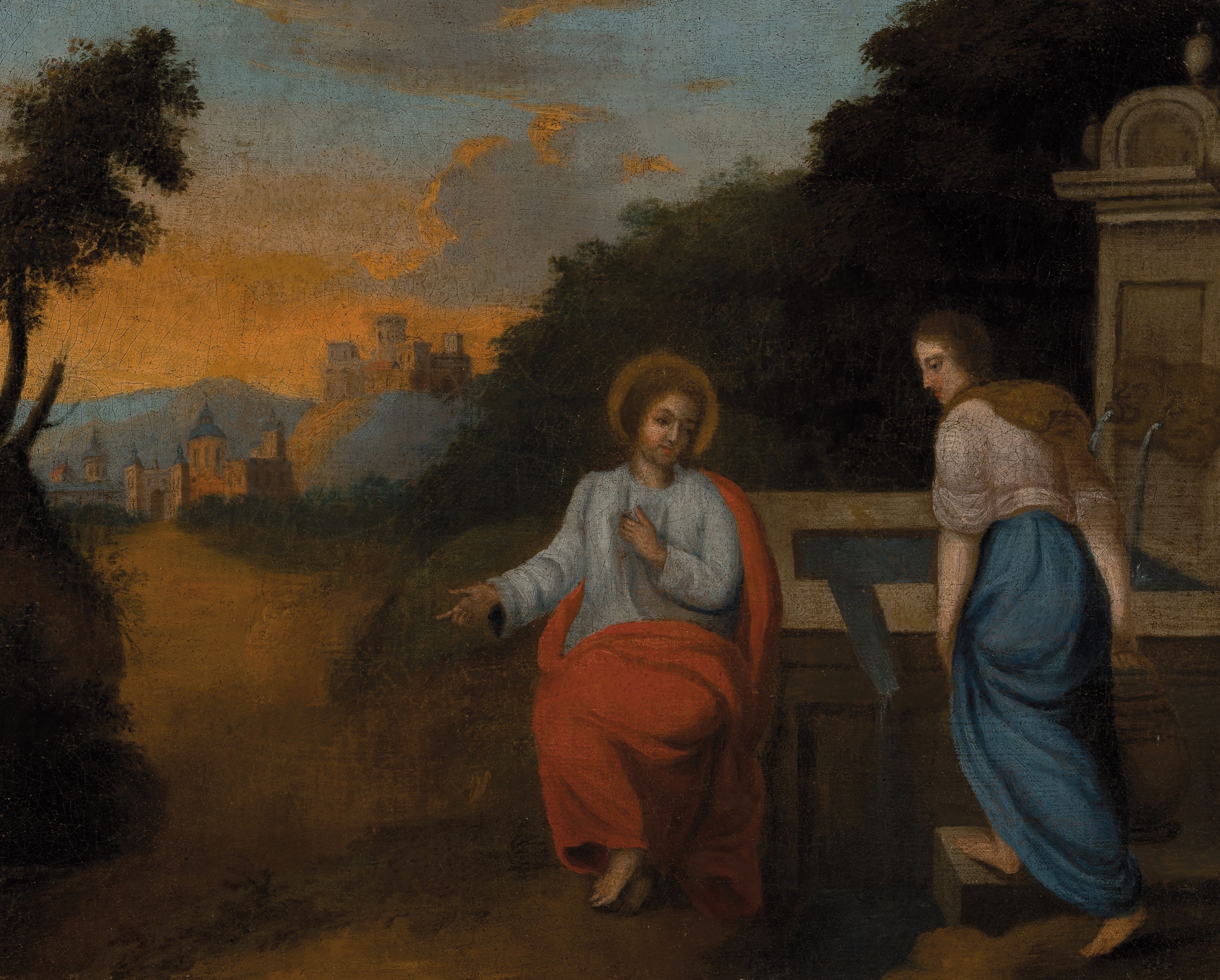 Unbekannter Maler aus dem 18. Jh., neustestamentarische Darstellung, Jesus und die Frau am Brunnen, Öl/Lwd., doubliert und rest., ca. 37.3 x 46 cm, ...