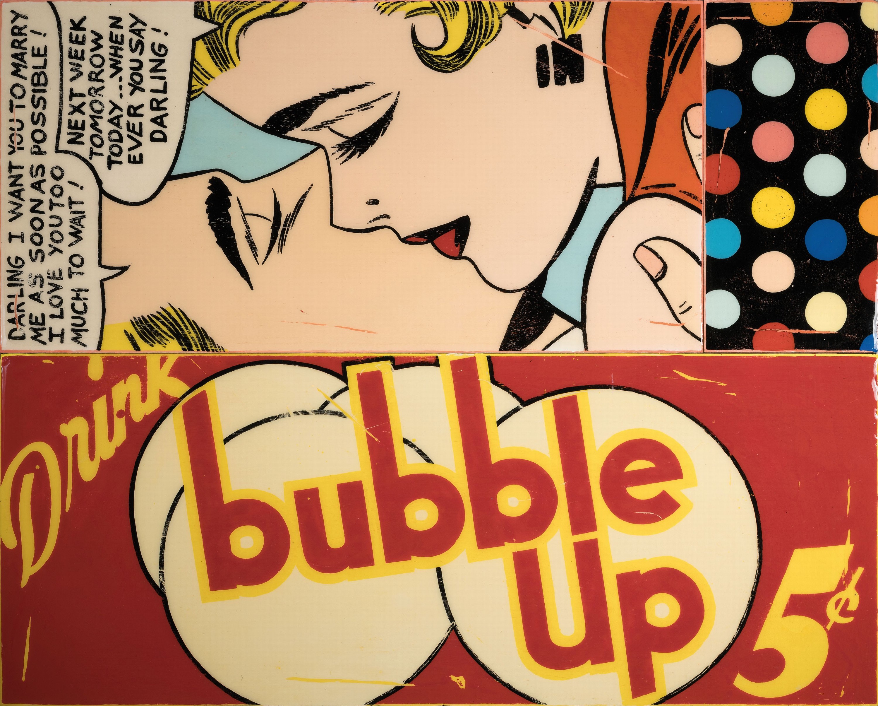 Detail k: Joseph, geb. 1974, französischer Pop Art -Künstler, "bubble up", Collage, Öl/Harz aufHolz, dreiteiliger Holzbildträger vom Künstler ...