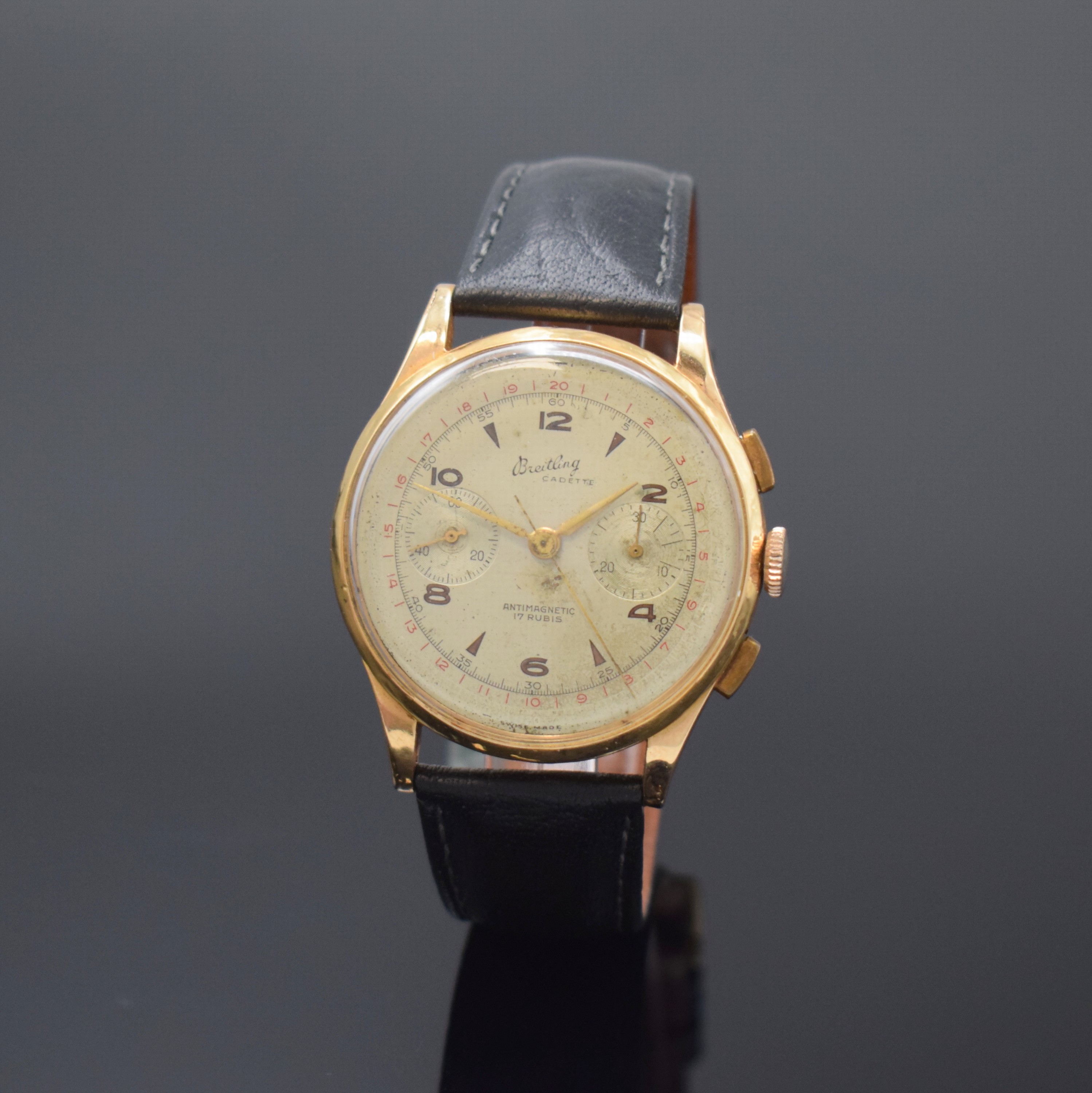 BREITLING Armbandchronograph Cadette in RG 750/000, Handaufzug, Schweiz um 1965, 3- teil. Geh. altersbed. dell., verg. Cuvette zur Armierung, Boden ...
