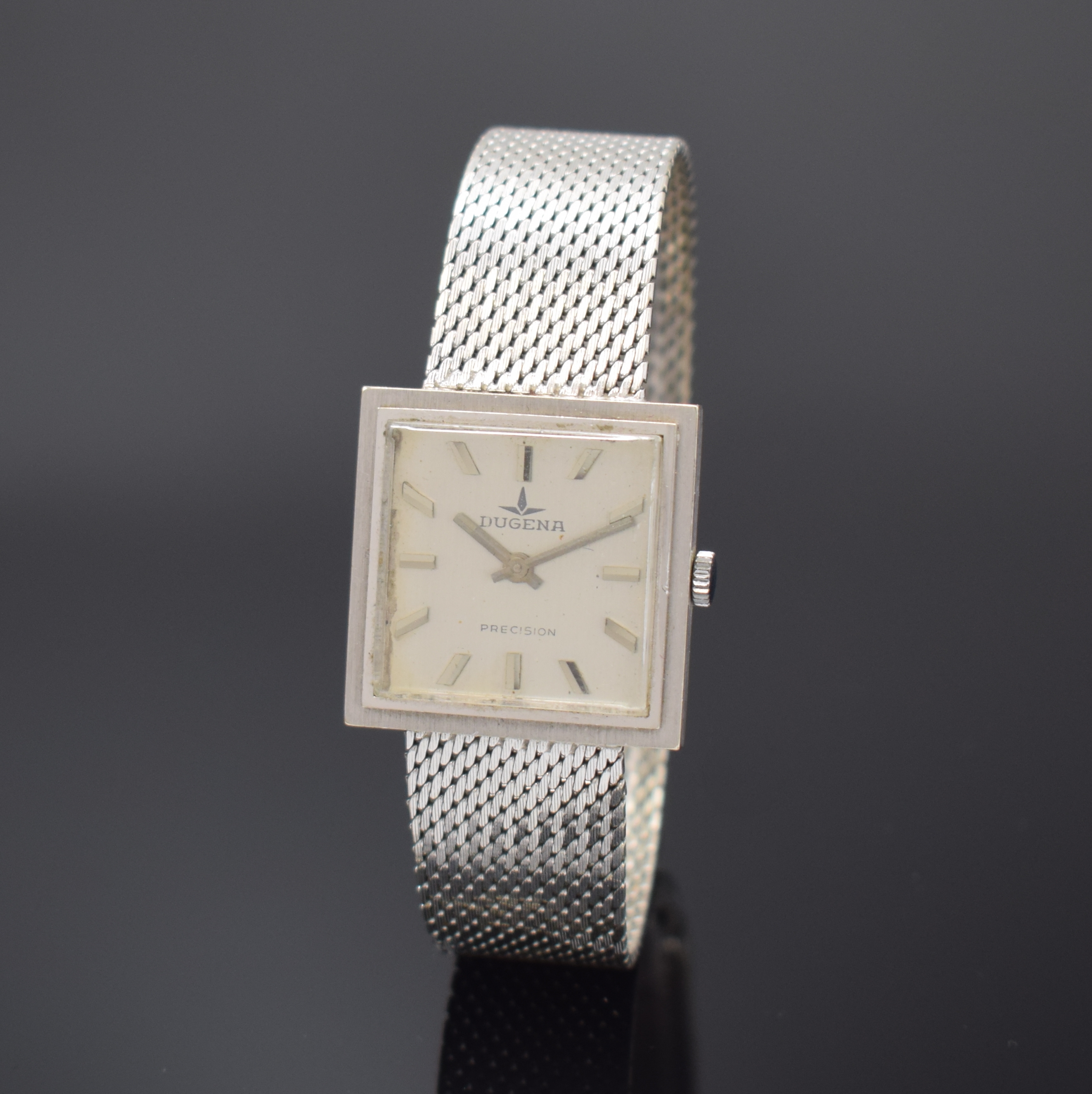 DUGENA Precision Herrenarmbanduhr in WG 750/000, Handaufzug, Deutschland/Schweiz um 1960, 2-tlg. Geh., Boden aufgedr., silb. Zifferbl. m. aufgel. ...