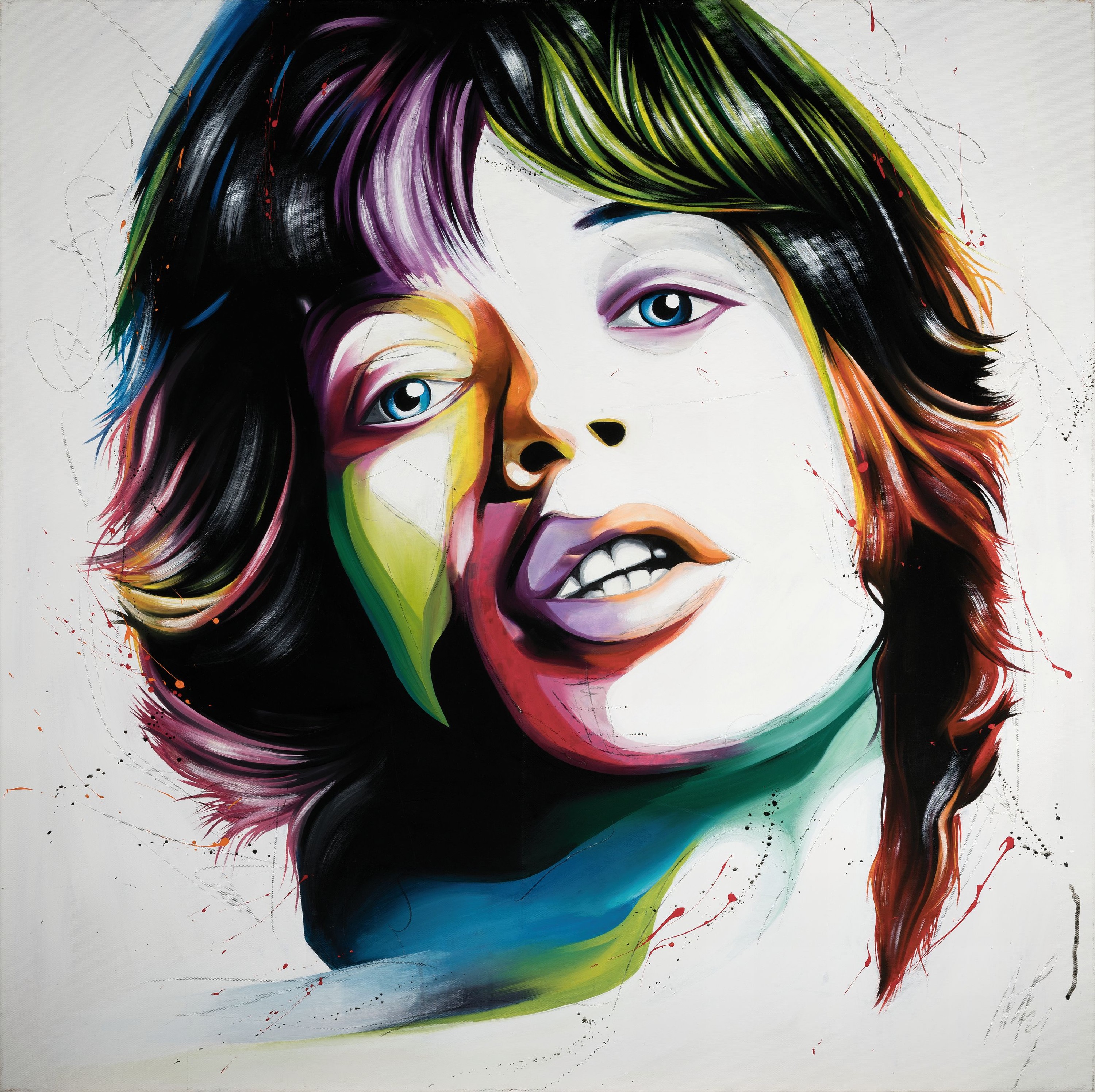 Michael Frey, tätig in Landau, "Mick Jagger" Öl/Lwd, rechts unten signiert, ca. 100x100 cm