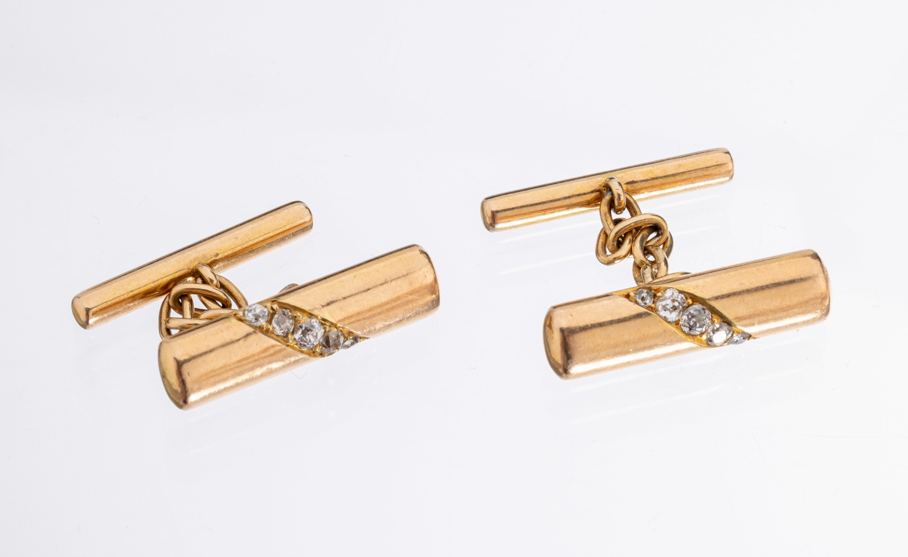Paar 14 kt Gold Jugendstil Diamant- Manschettenknöpfe, um 1900, RoseG 585/000, 10 Altschliffdiamanten zus. ca. 0.50 ct Weiß/si, ca. 9 g