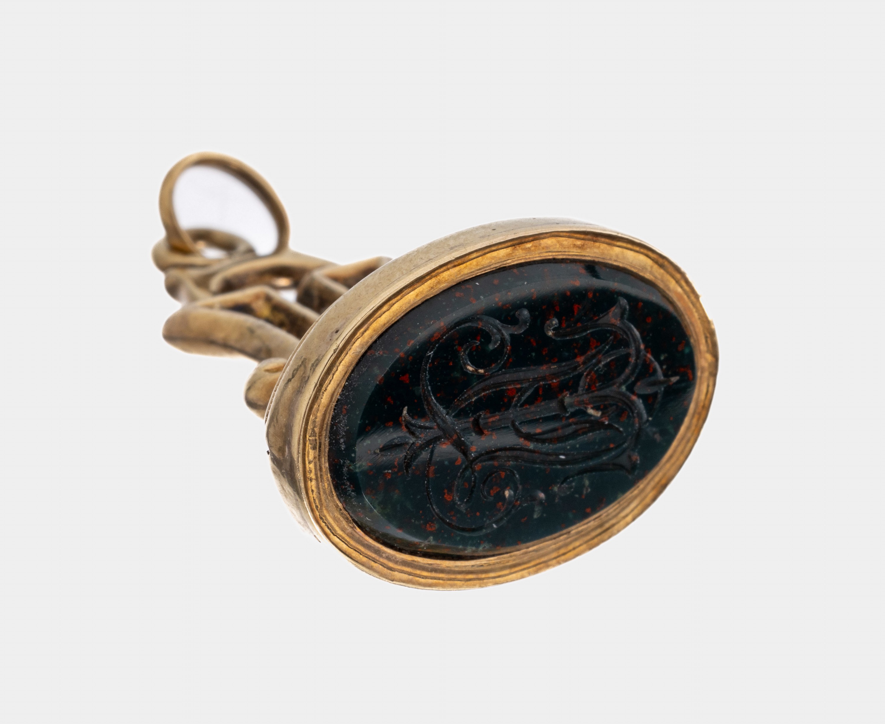 14 kt Gold Jaspis-Siegelanhänger, GG 585/000, um 1900, ovale Blutjaspiseinlage mit Gravur: wohl TW ligiert, ca. 5.4 g