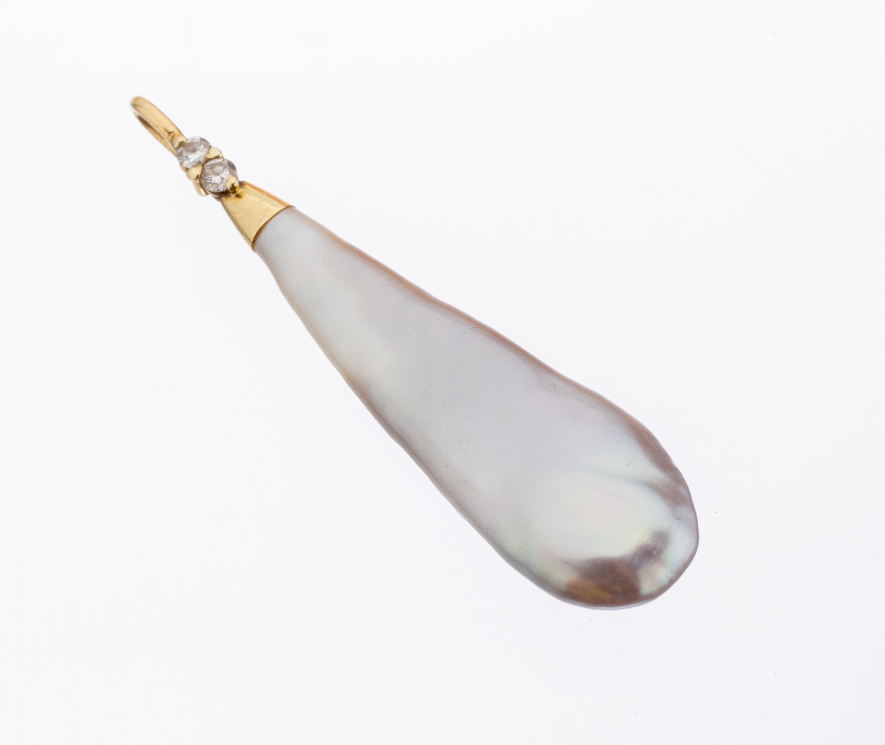 18 kt Gold Perl-Diamant-Anhänger, GG 750/000, silbergraue tropfenförm. Zuchtperle, 2 Diamanten zus. ca. 0.05 ct, L. ca. 4 cm