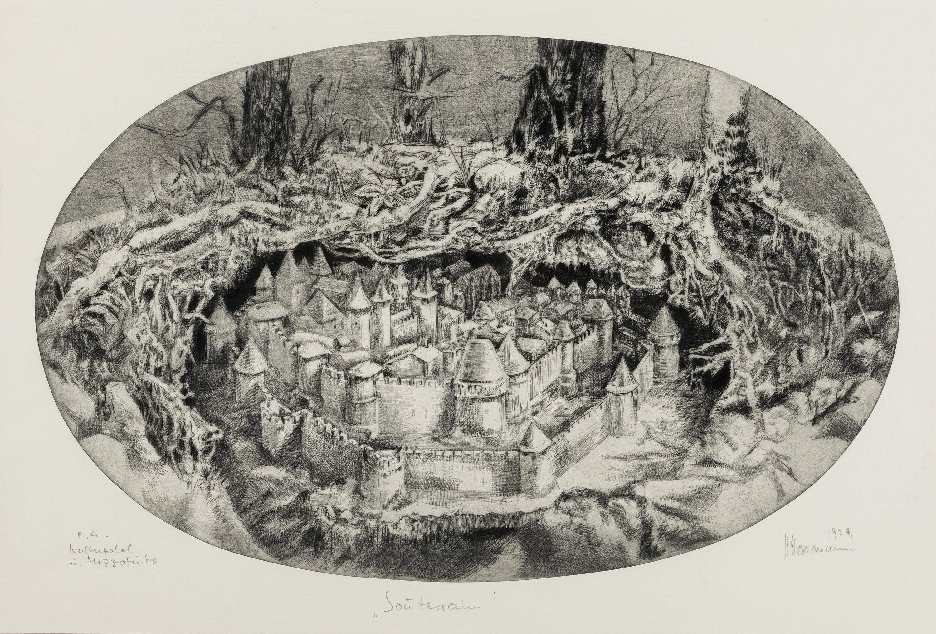 Hermann Hoormann, 1933 Meppen-2022 Kirchheimbolanden, Souterrain, Kaltnadel und Mezzotinto, handsign., dat. 1979, betitelt, ca. 28x43cm, PP, u.Gl., ...