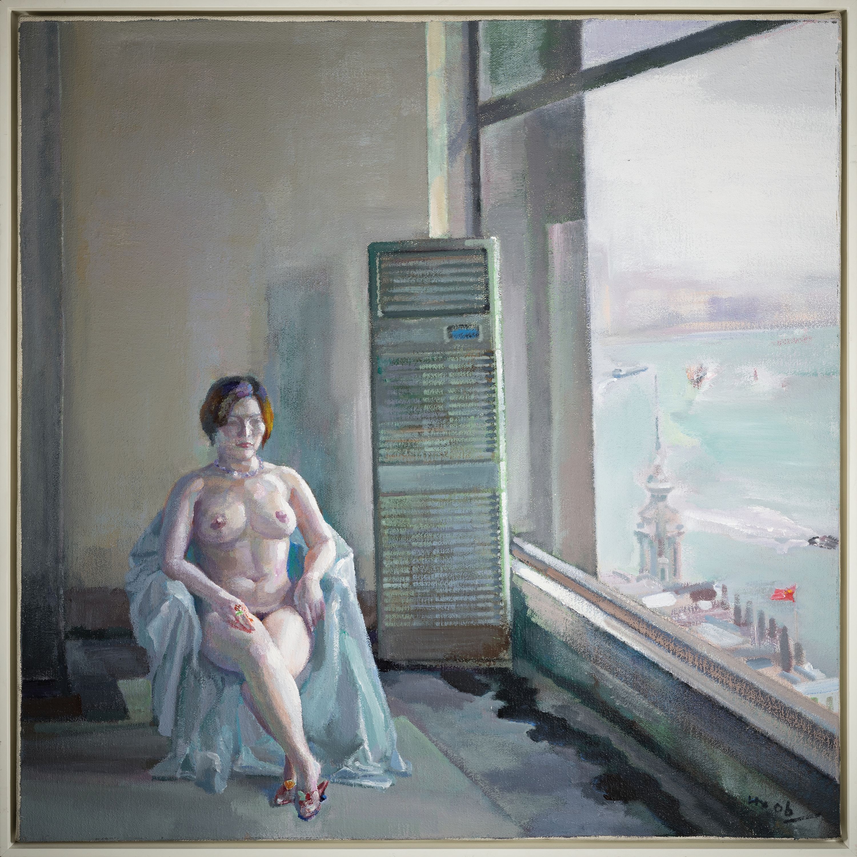 Detail k: Han Xin, Frauenakt vor Fenster, mit Blick auf Shanghai,Acryl/Lwd, ca. 98 x 98 cm, Rahmen
