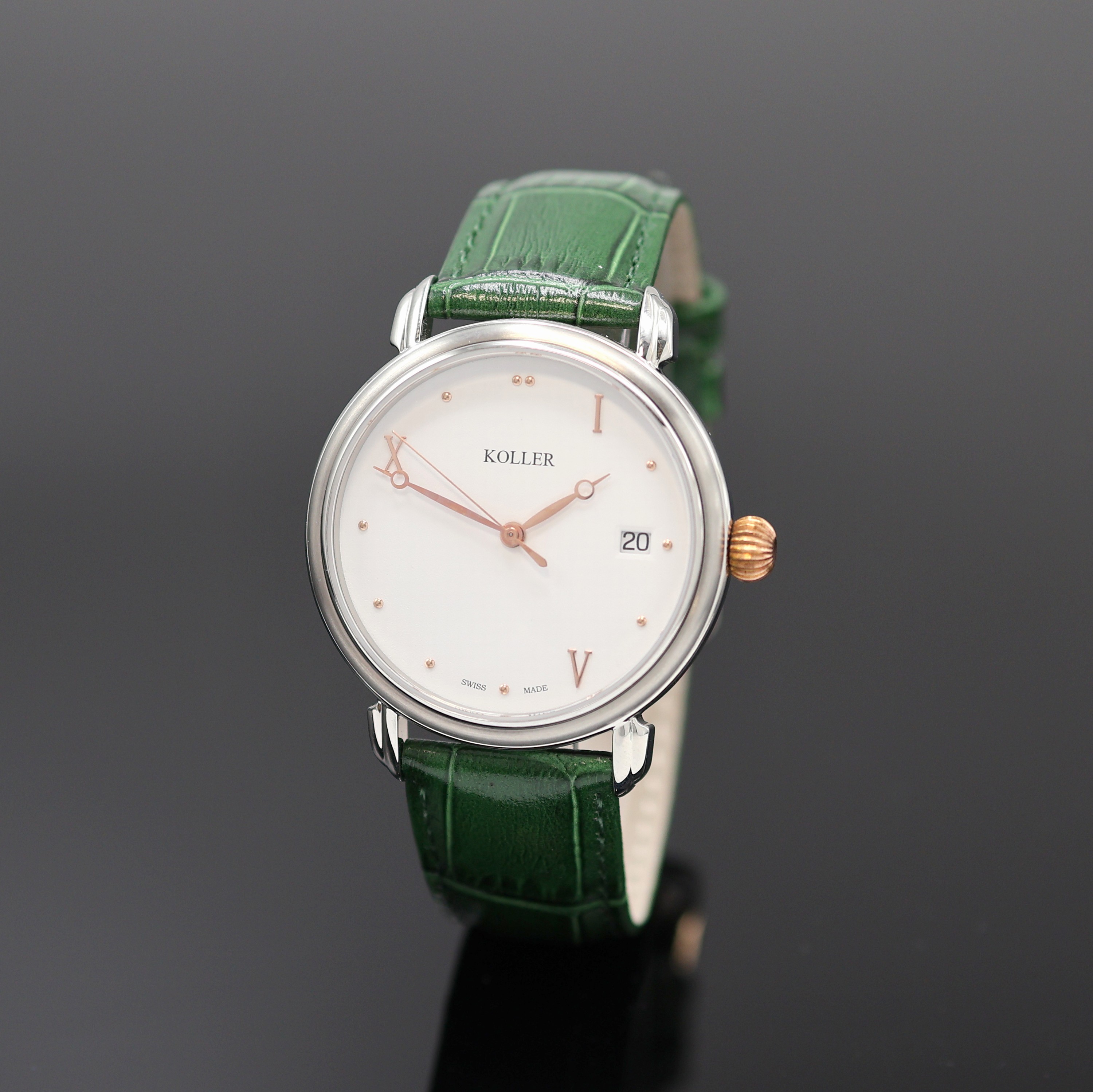 KOLLER Armbanduhr in Edelstahl Referenz 69600, Schweiz akt. Produktion, Automatik, beids. vergl. Geh., weißes Zifferblatt, gold. Std.-Ind. u. ...
