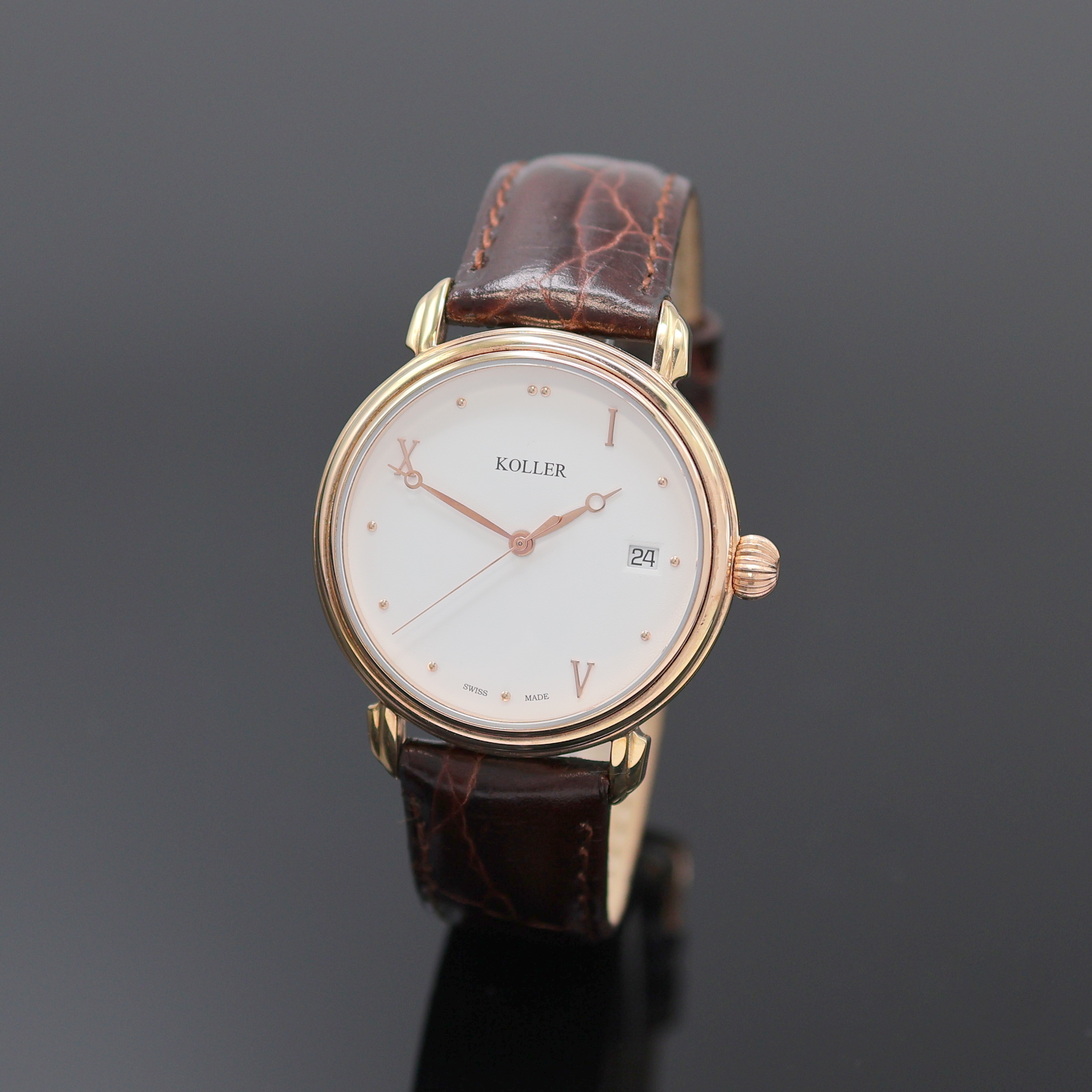 KOLLER vergoldete Armbanduhr Referenz 69600,Schweiz akt. Produktion, Automatik, verg., beids. vergl. Geh., weißes Zifferblatt, gold. Std.-Ind. u. ...