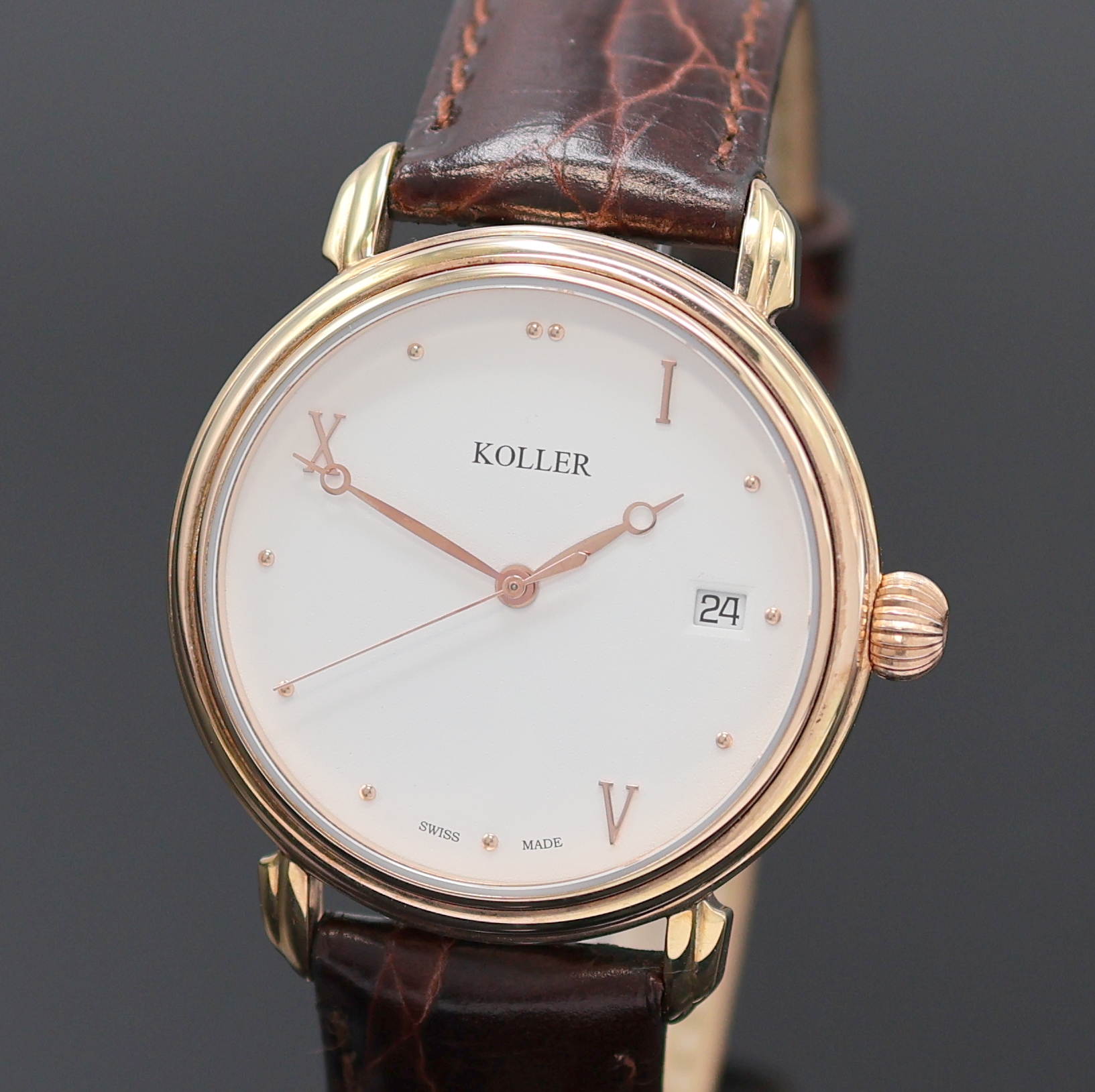 Detail a: KOLLER vergoldete Armbanduhr Referenz 69600,Schweiz akt. Produktion, Automatik, verg., beids. vergl. Geh., weißes Zifferblatt, gold. Std.-Ind. u. ...