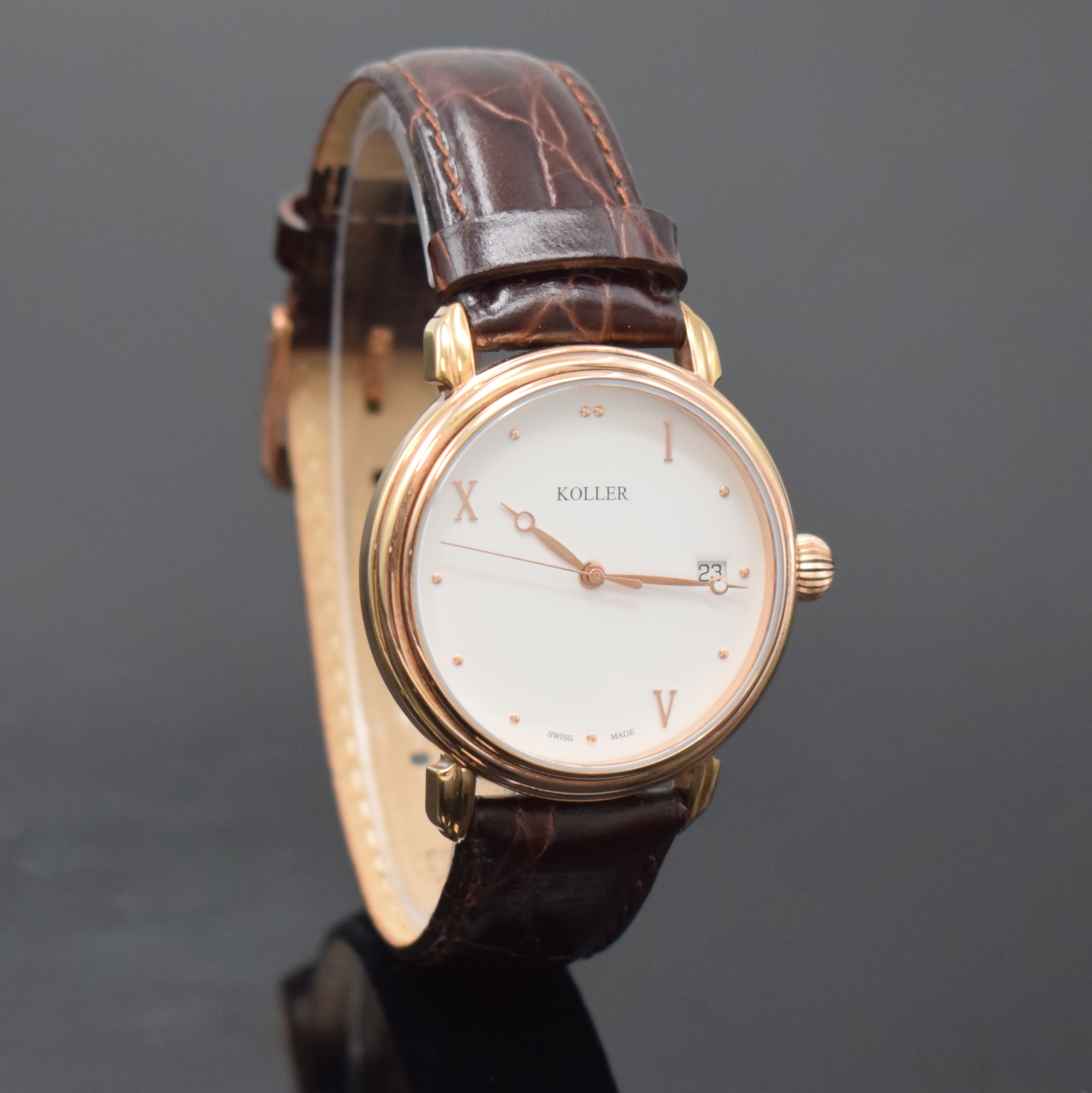 Detail b: KOLLER vergoldete Armbanduhr Referenz 69600,Schweiz akt. Produktion, Automatik, verg., beids. vergl. Geh., weißes Zifferblatt, gold. Std.-Ind. u. ...