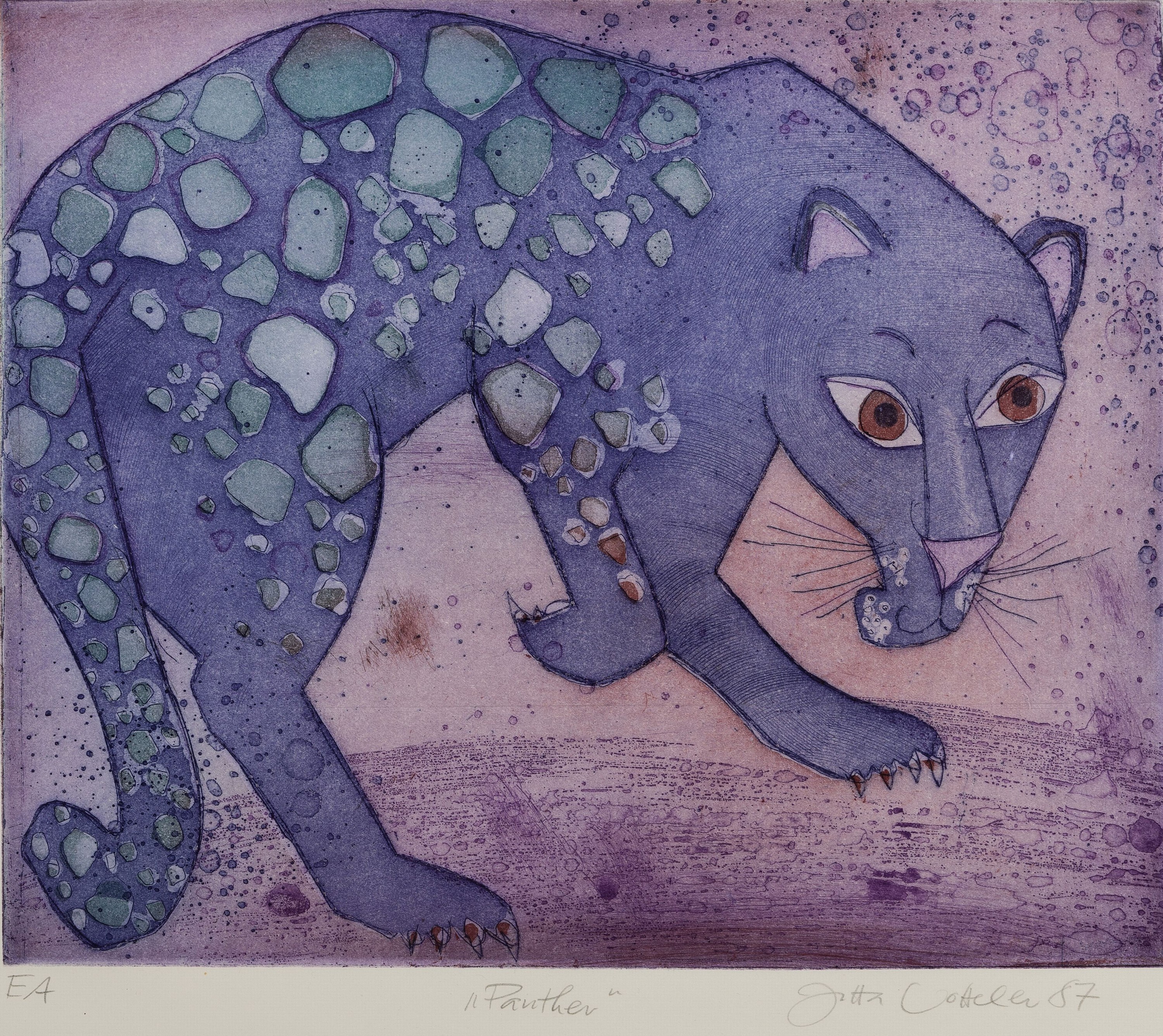 Jutta Votteler, geb. 1959 Ludwigshafen, Farbradierung, "Panther", E.A., signiert und datiert 1987, Platte 28x33 cm, unter PP 57x75 cm
