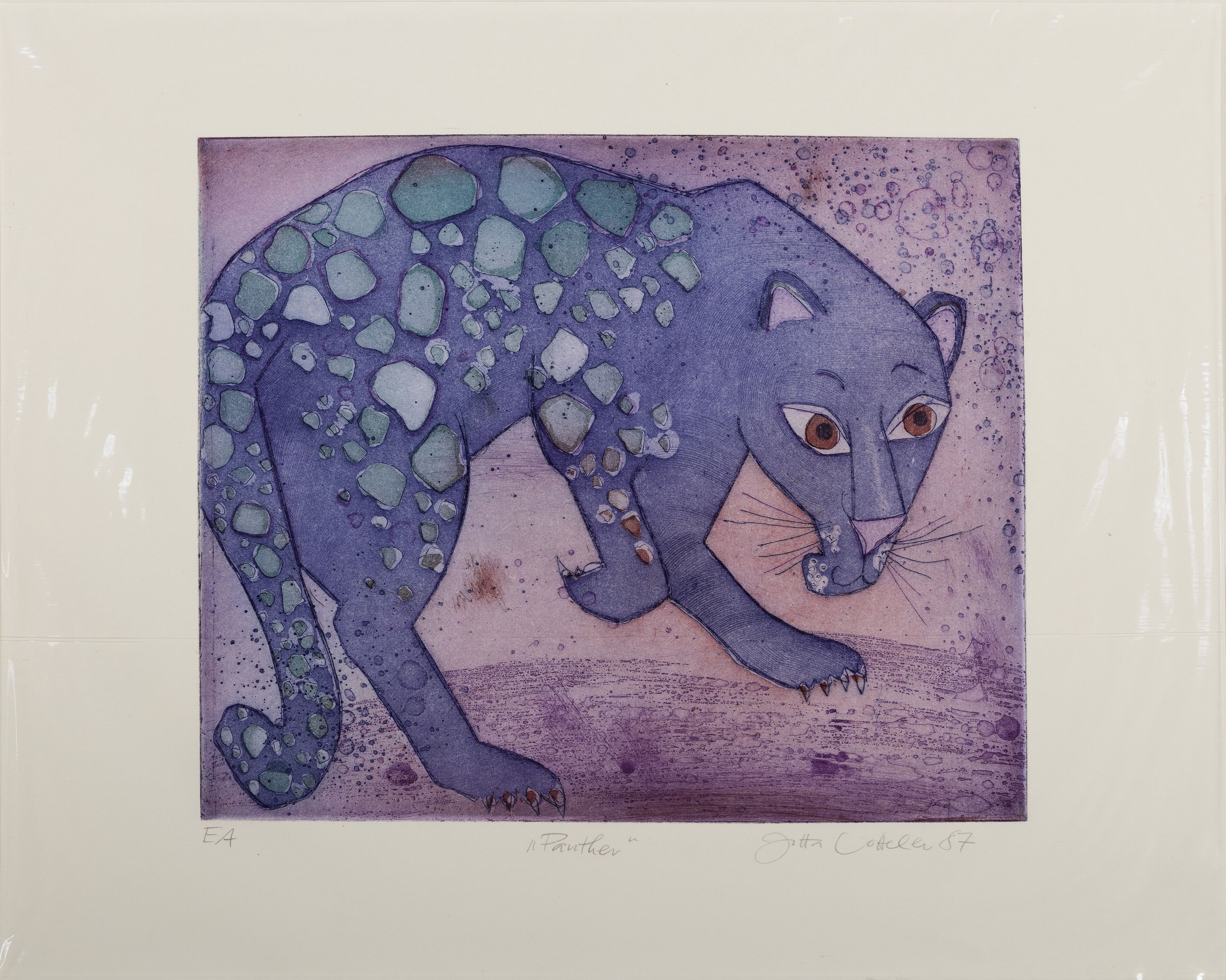 Detail k: Jutta Votteler, geb. 1959 Ludwigshafen, Farbradierung, "Panther", E.A., signiert und datiert 1987, Platte 28x33 cm, unter PP 57x75 cm