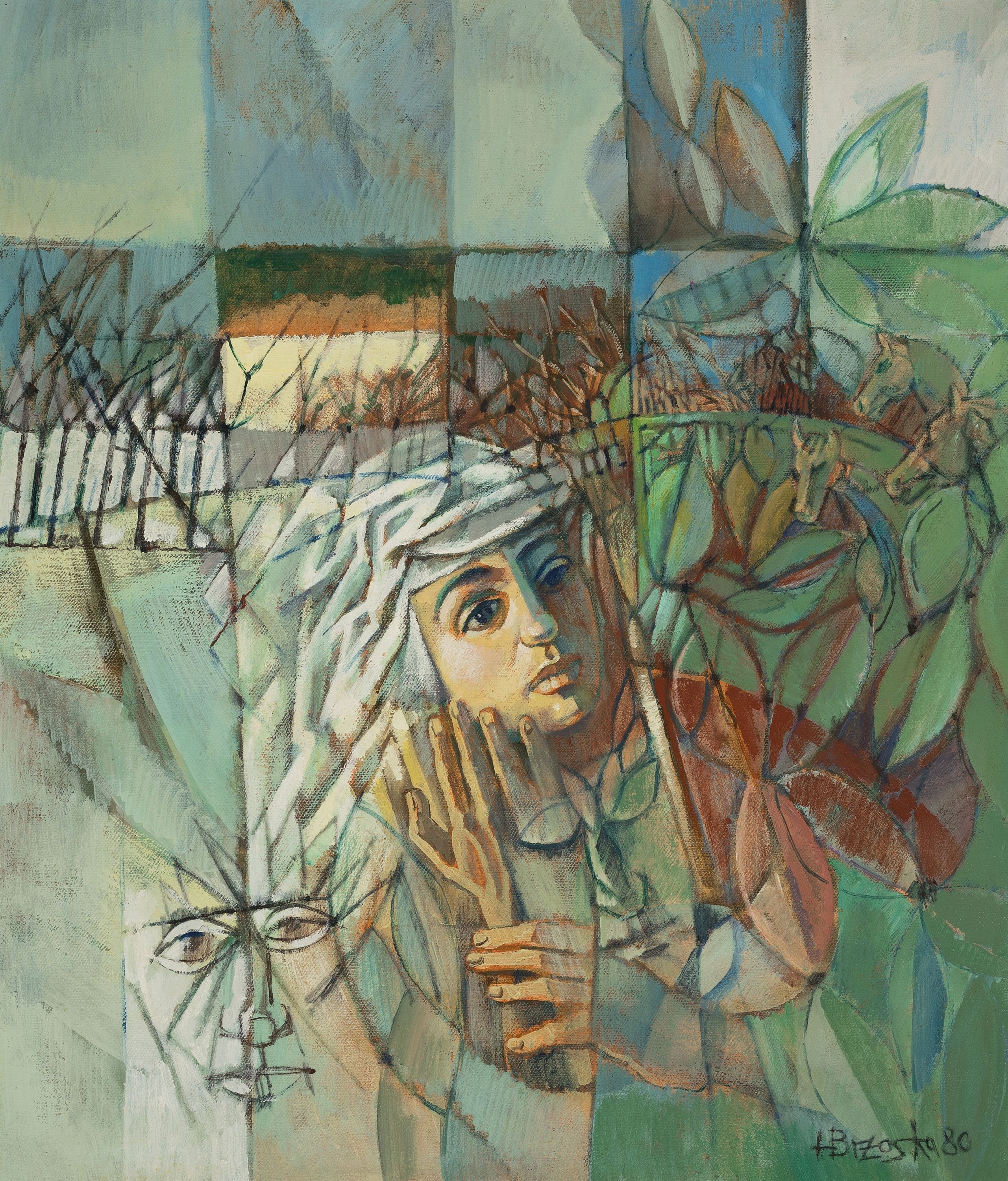 Heinz Brzoska, 1942-2015, surrealistische Komposition mit Gesicht und Weinbergen, Öl/Lwd, rechts unten sign. und dat. 80, ca. 70x60cm, R. ca. 82x72cm