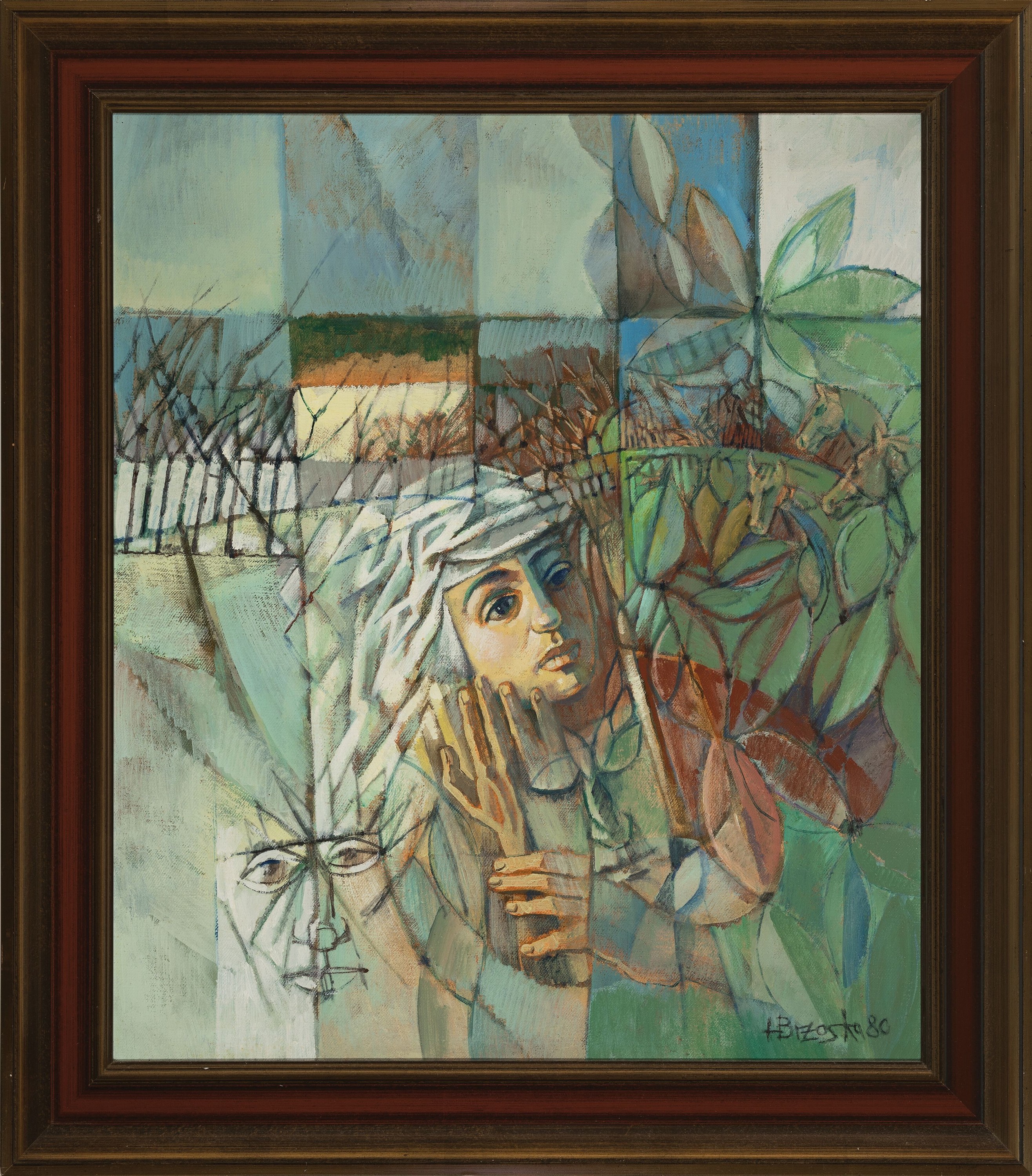Detail k: Heinz Brzoska, 1942-2015, surrealistische Komposition mit Gesicht und Weinbergen, Öl/Lwd, rechts unten sign. und dat. 80, ca. 70x60cm, R. ca. 82x72cm