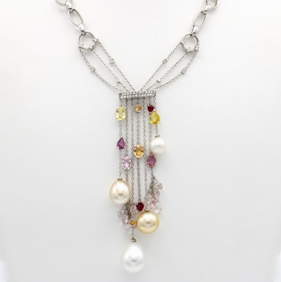 26865989a - Ausgefallenes Y-Collier mit Farbsteinen, Diamanten und Süßwasserzuchtperlen, ...