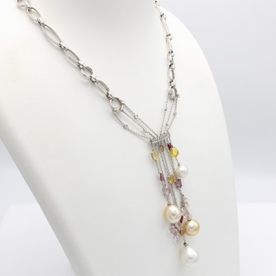 26865989b - Ausgefallenes Y-Collier mit Farbsteinen, Diamanten und Süßwasserzuchtperlen, ...