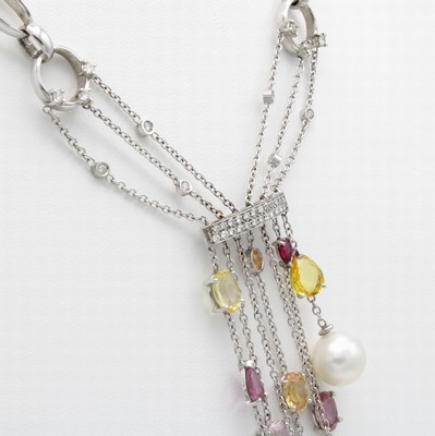 26865989c - Ausgefallenes Y-Collier mit Farbsteinen, Diamanten und Süßwasserzuchtperlen, ...