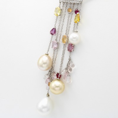 26865989d - Ausgefallenes Y-Collier mit Farbsteinen, Diamanten und Süßwasserzuchtperlen, ...
