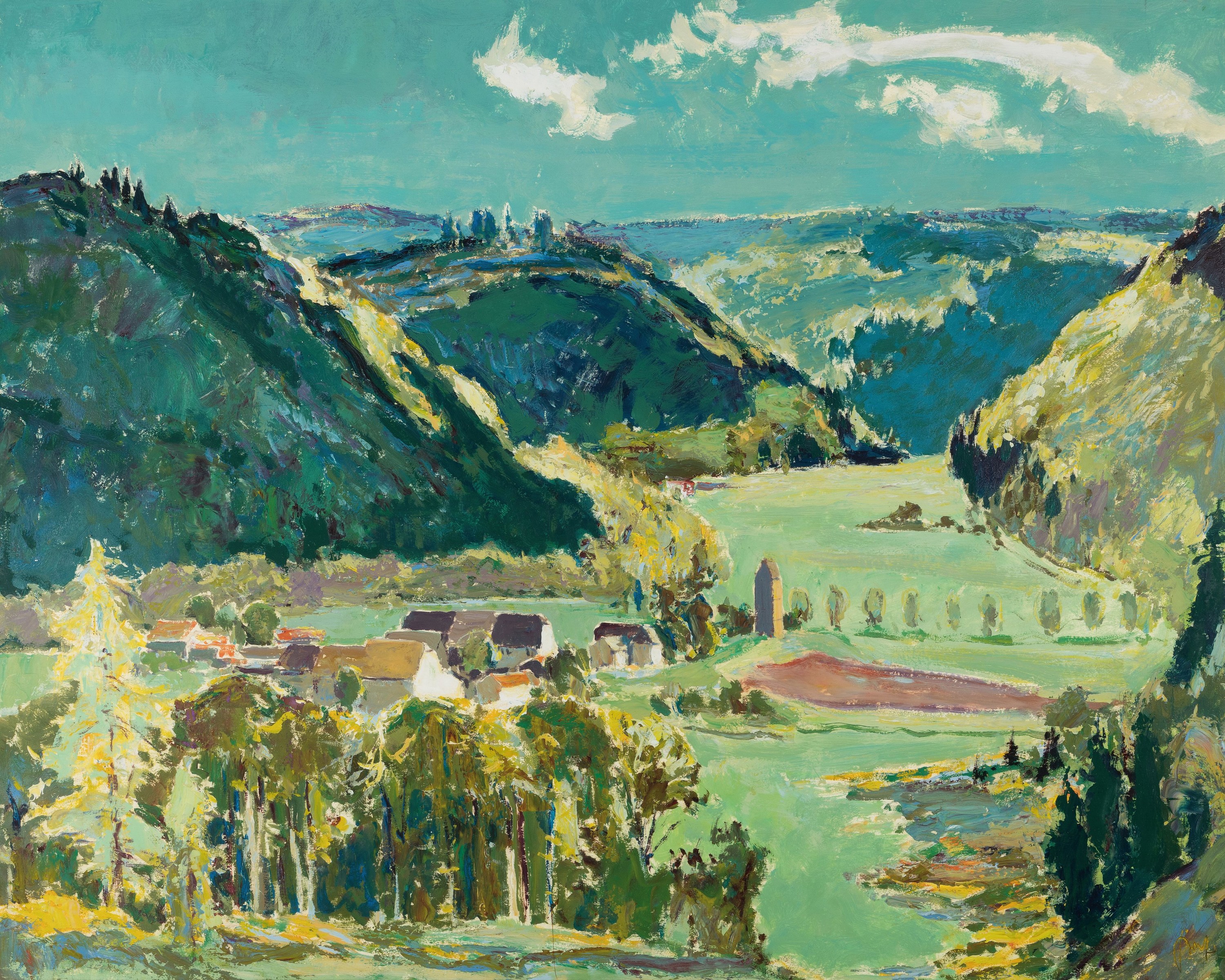 Karl Graf, 1902 Rothenburg-1986 Speyer, Landschaft mit Dorf und Burg im Pfälzer Wald, Mischtechnik auf Papier, rechts unten signiert, ca. 66x84cm, ...
