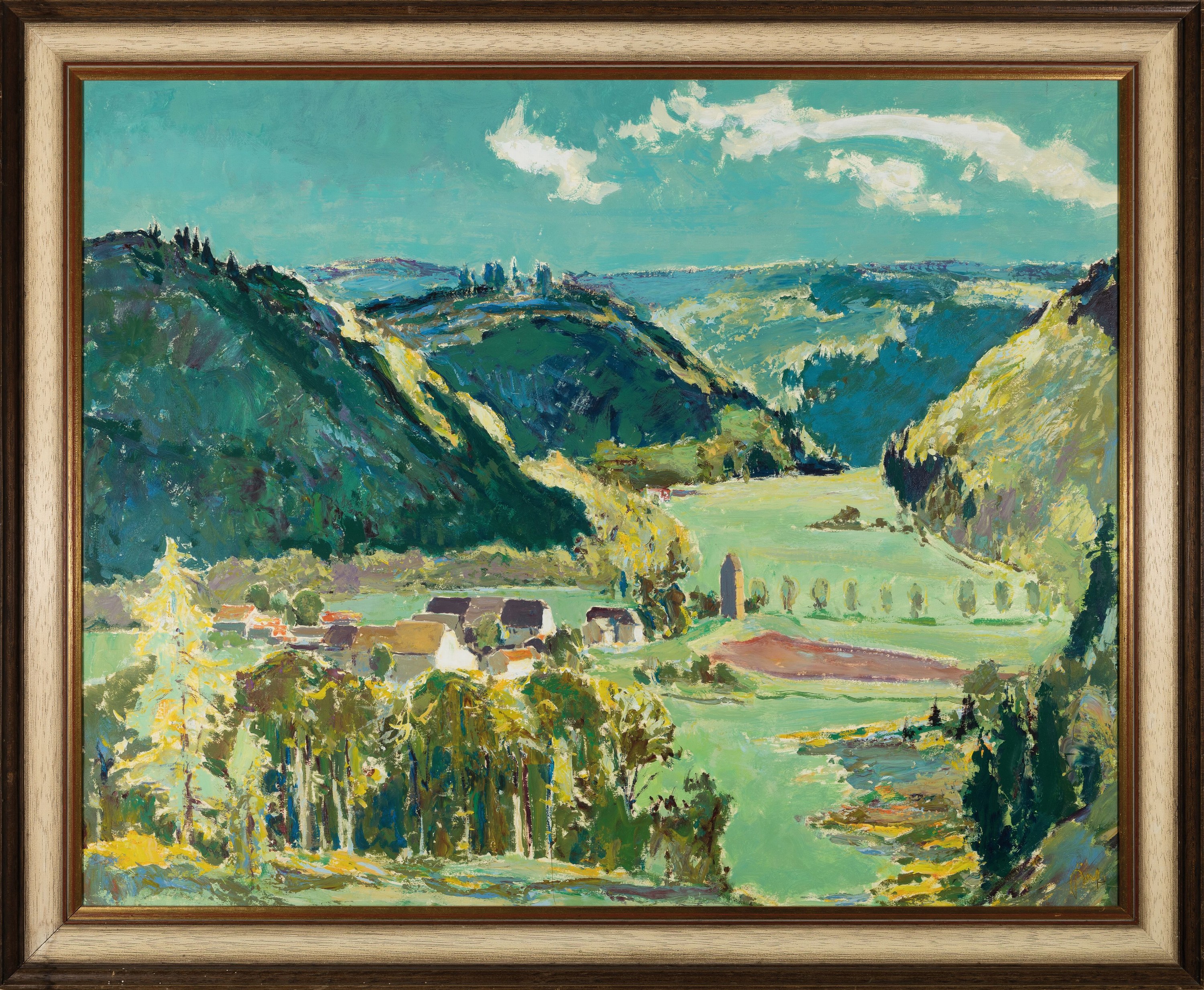 Detail k: Karl Graf, 1902 Rothenburg-1986 Speyer, Landschaft mit Dorf und Burg im Pfälzer Wald, Mischtechnik auf Papier, rechts unten signiert, ca. 66x84cm, ...
